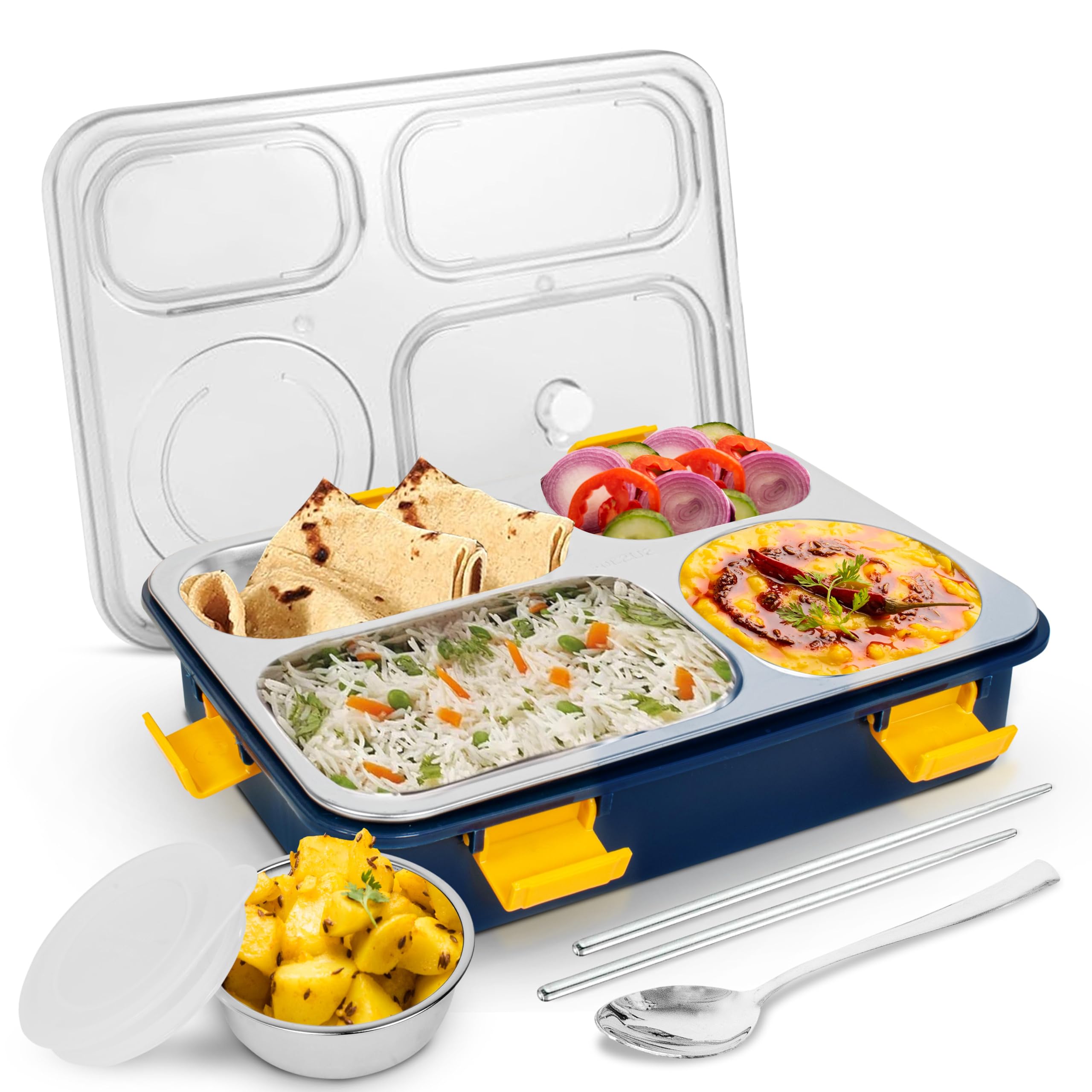 Tekcool Lunch Box for Adults - Lunch Box for Kids with Spoon & Fork - Stainless Steel Lunch Box with 4 Compartment - Durable Perfect Size for On-The-Go Meal, BPA-Free (Blue),1.3 Litre (4 Compartment)