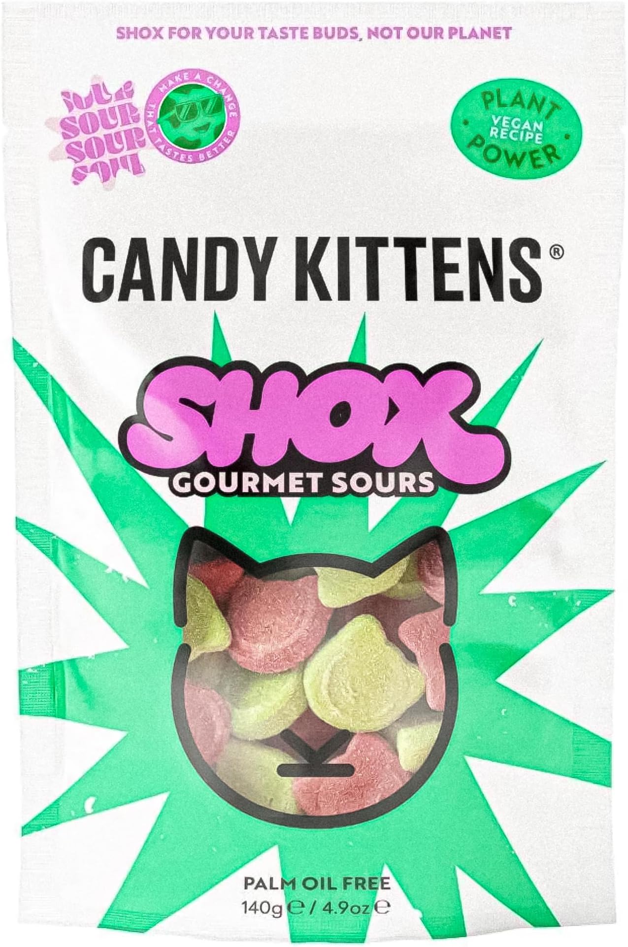 Candy Kittens Vegan Sweets – Sour Shox Strawberry & Apple (140g Pack of 1) – Plant-Based Vegetarian & Vegan Treats with Real Fruit Juice, Great for Pick & Mix or Gift Box, Ideal Snack for All