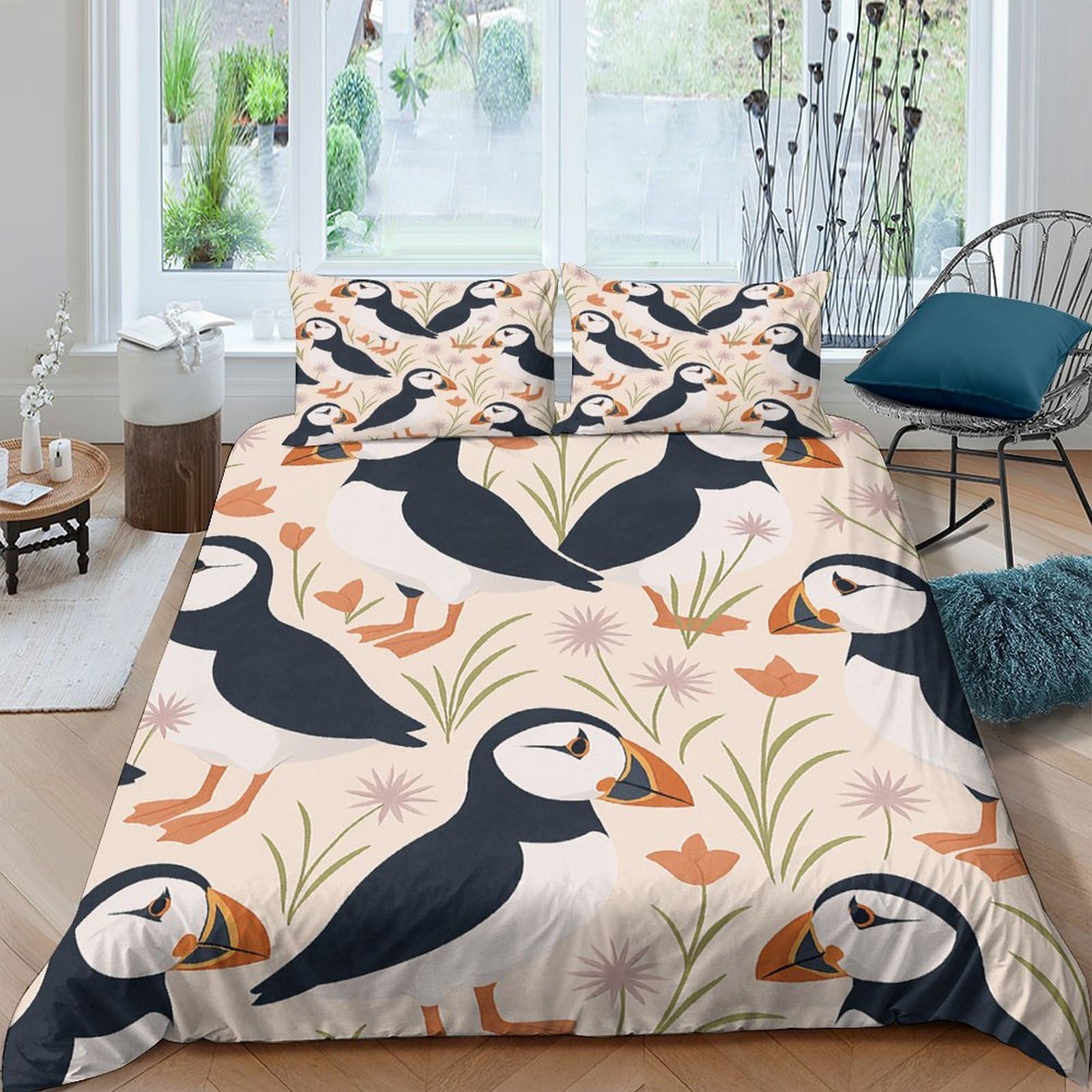 GPLZQXKJNH 3D Printed Puffin Bird Duvet Cover Microfiber Soft Breathable Nordic Floral Bedding Set with 2 Pillowcases for Bedroom Decor 120x200cm Single（135x200cm）