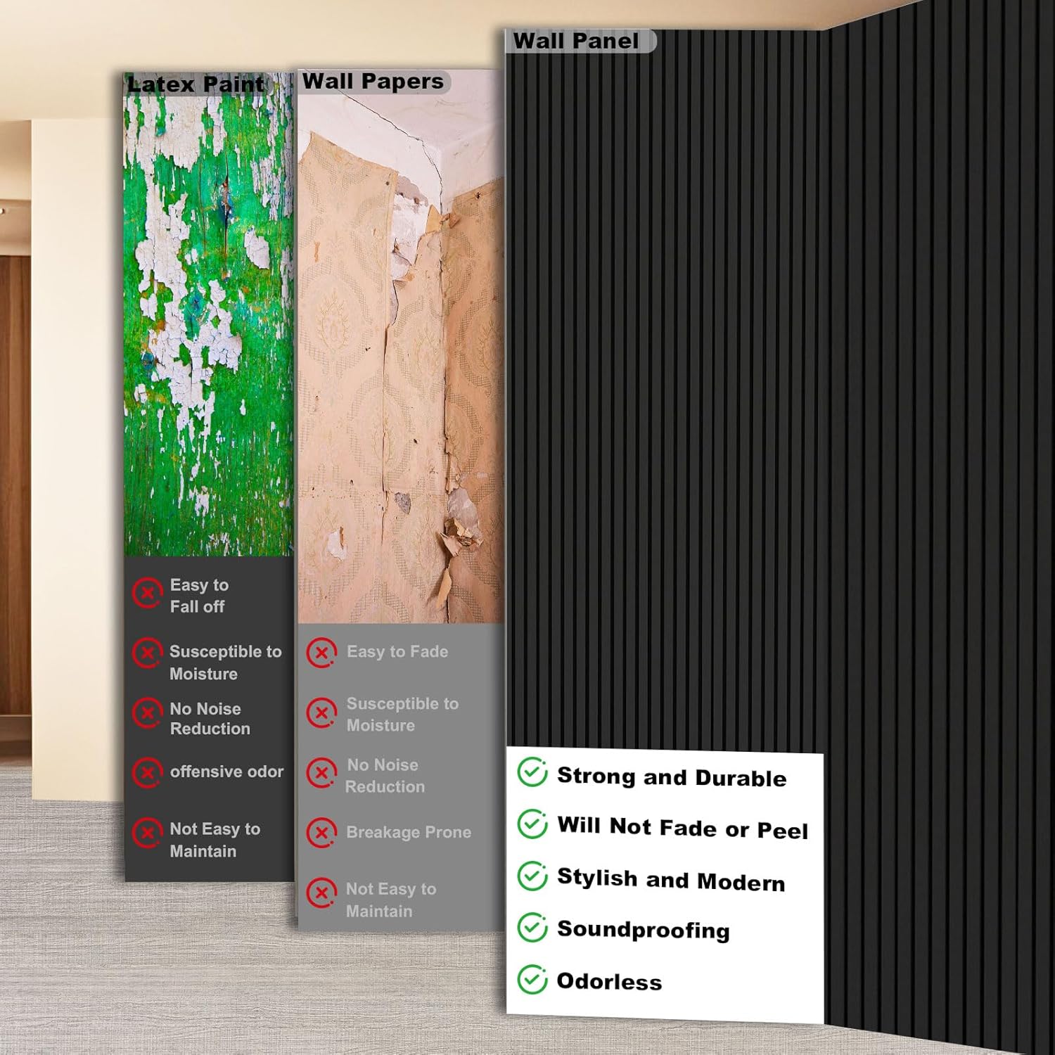 6 Pcs 94" × 11" Wood Panels for Wall, Soundproof Wood Slat Wall Paneling, Stylish Decor Acoustic Wall Panels for Wall and Ceiling, Odor-Free & Easy to Install, Black