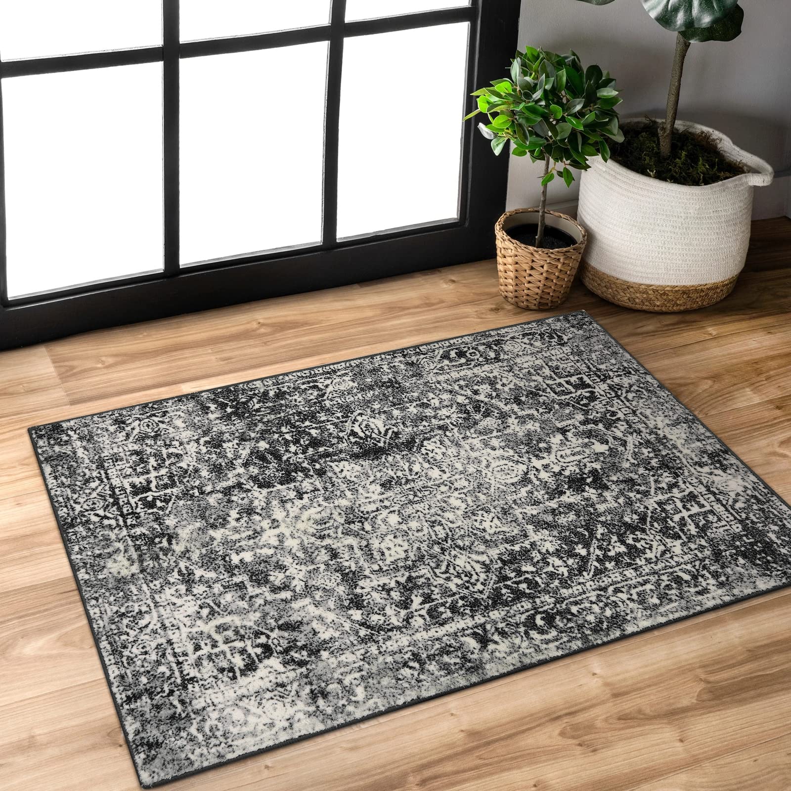 Morebes 2x3 Black Entryway Rugs, Washable Vintage Bathroom Rug Non Slip Indoor Door Mat, Medallion Stain-Resistant Soft Low Pile Throw Carpet for