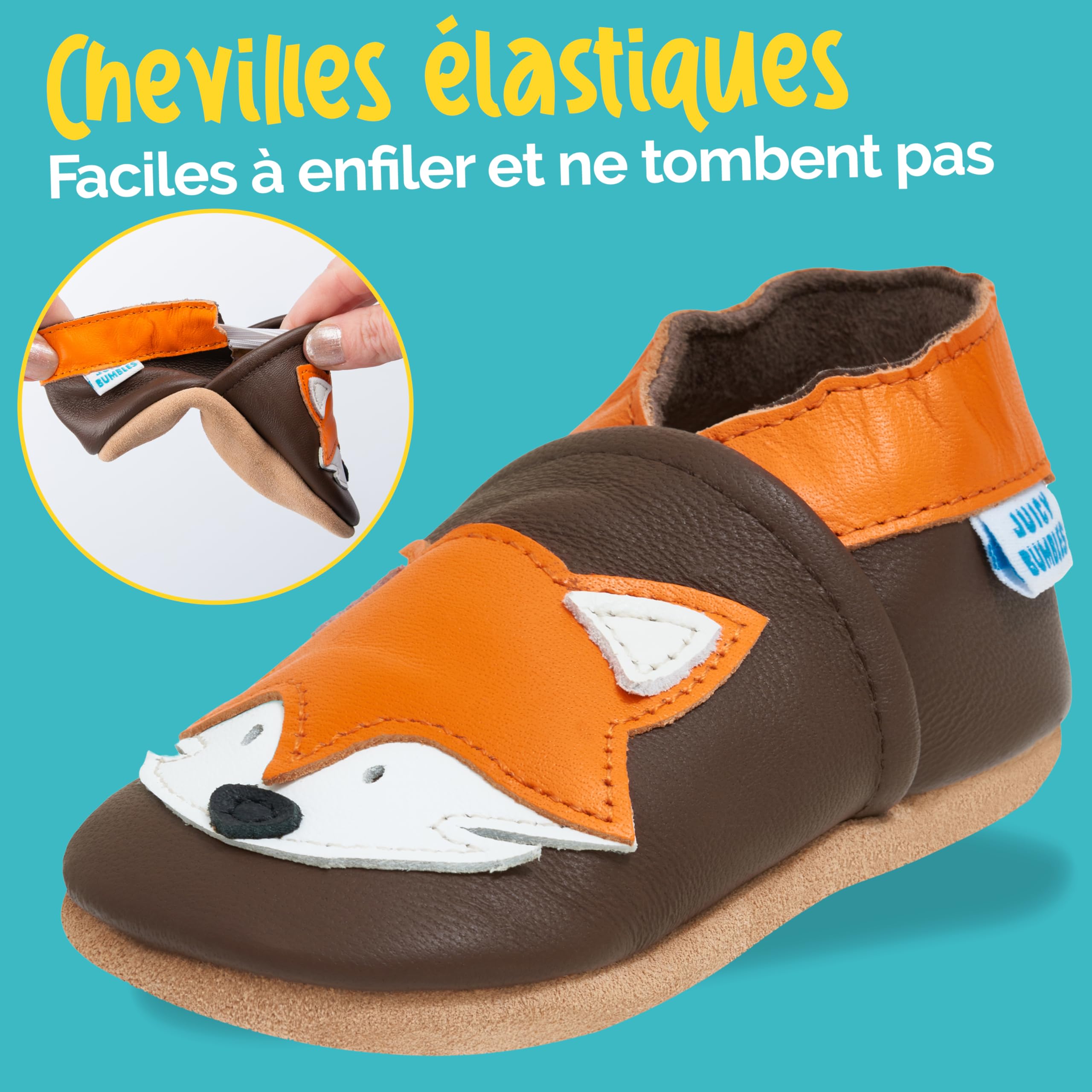 Chaussures pour enfant en cuir souple – Chaussures pour bébé en cuir avec semelle en daim – Chaussures pour premiers pas, pour fille ou garçon, Renard, 18-24 mesi