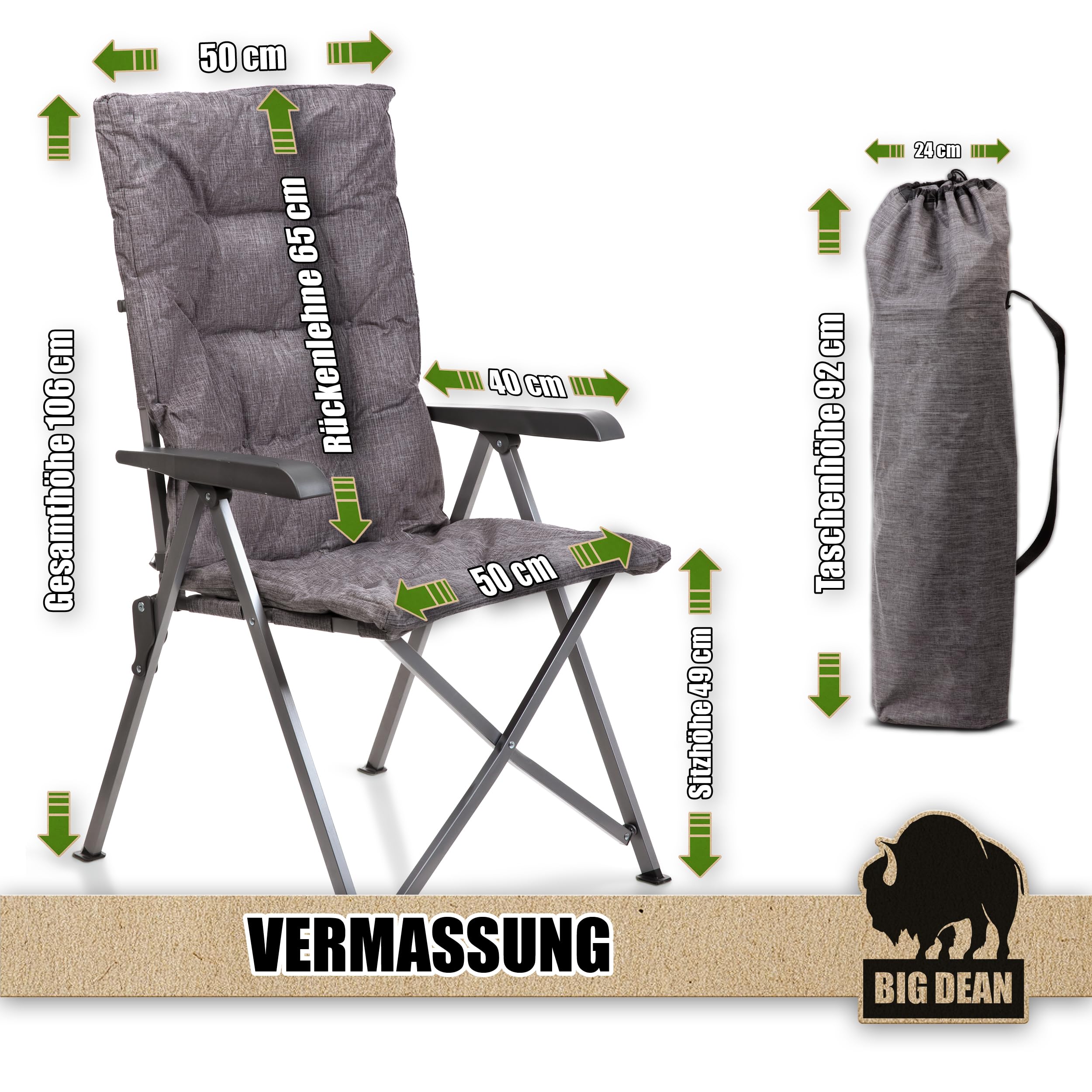 BigDean Bequemer Campingstuhl faltbar Rückenlehne verstellbar