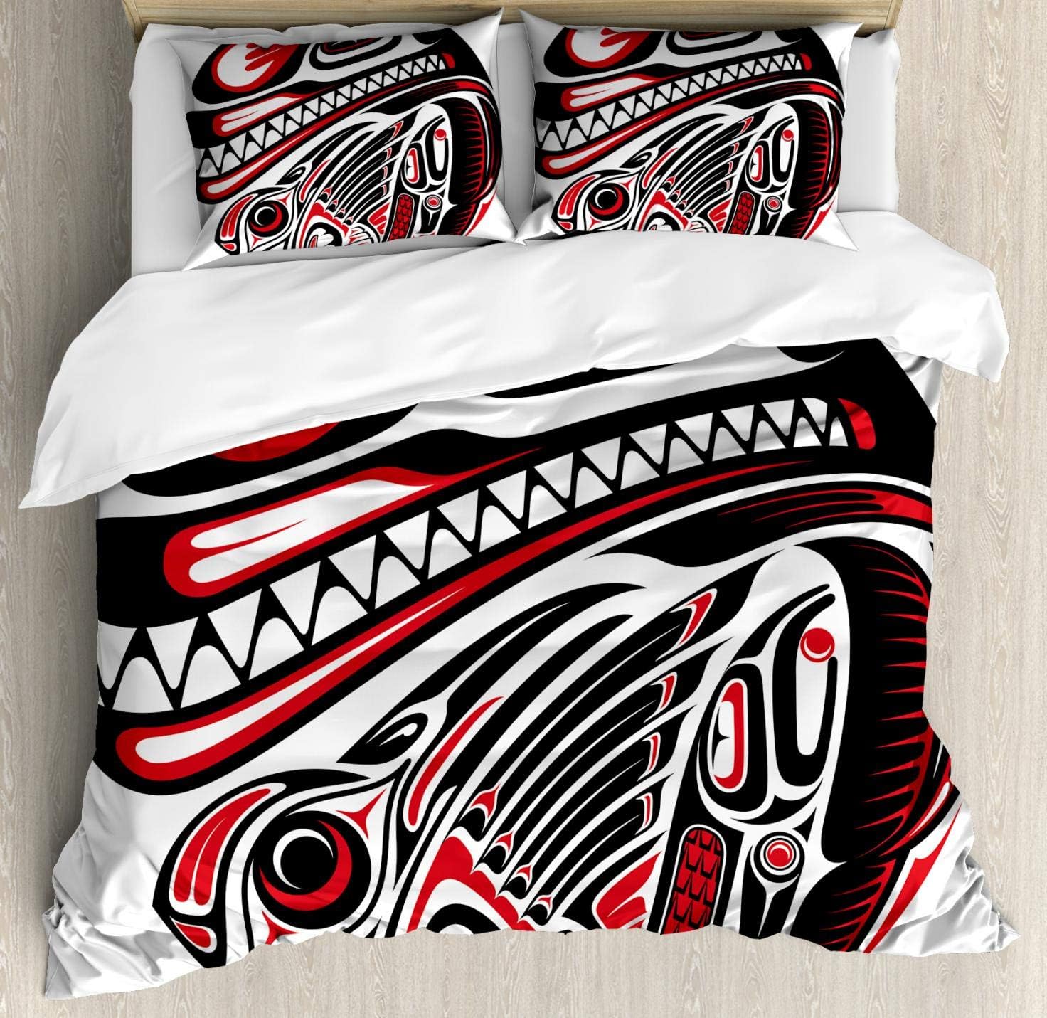 Ambesonne Tribal Duvet Cover Set, Haida Style Animal Art Wild Eagle and Killer Dog with Sharp Teeth Print, Decorative 3 Piece Bedding Set with 2 Pillow Shams, King Size, Red Black