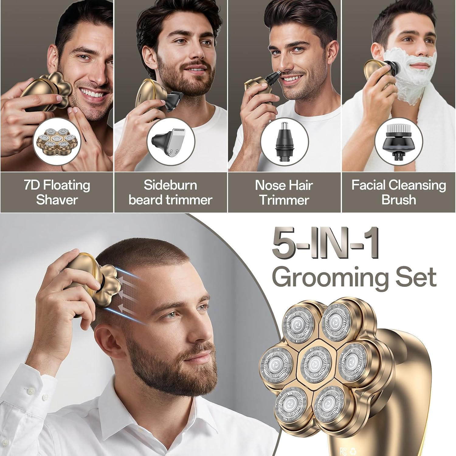 Head Shaver for Bald Men – 7D Floating Rotary Shaver, 5-in-1 Electric Razor for Men with Magnetic Detachable Heads,IPX7 Wet Dry Waterproof Grooming Kit, Type-C Fast Charge LED Display for Travel