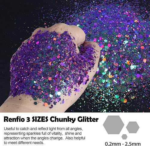 Miniatura 2 de Renfio Purpurina gruesa de camaleón, polvo fino mixto, cambio de color, 1.75 onzas (1.76 oz) de PET en escamas de PET, morado, verde, naranja,