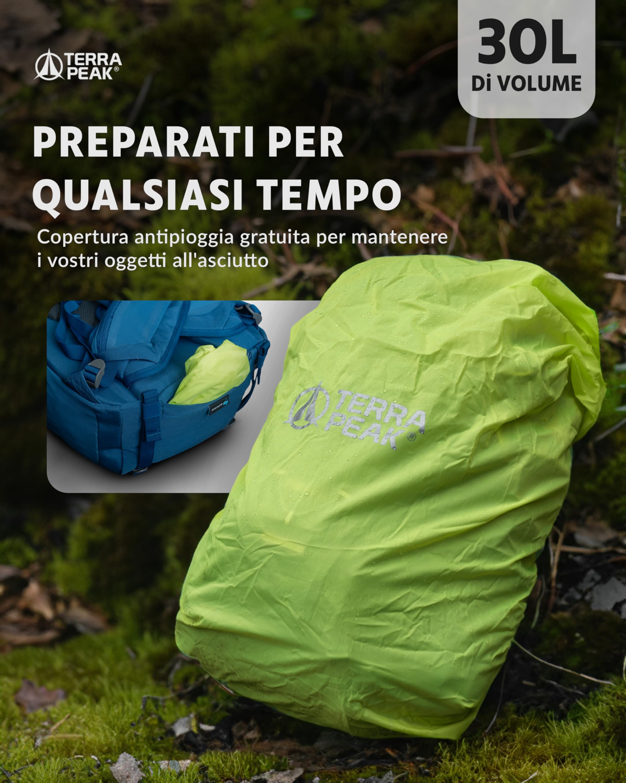 Terra Peak® Zaino da Trekking 30 litri per uomo e donna (FLEX 30 MEDIO) - Zaino da escursionismo, viaggio e montagna da esterno ergonomico e impermeabile - con ventilazione posteriore (traspirante)
