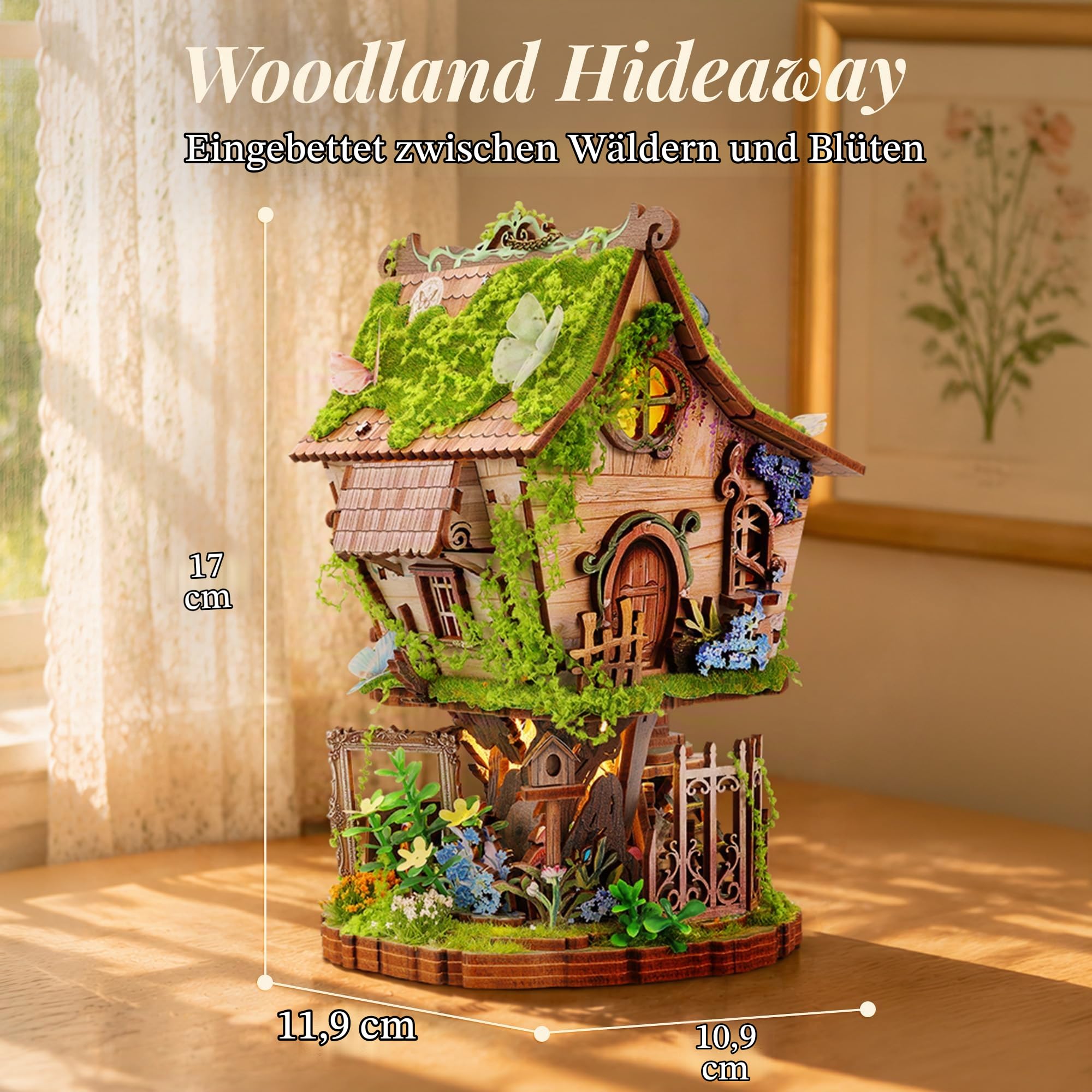 FUNPOLA 3D Holzpuzzle Rowan’s Treehouse mit LED-Licht – DIY Miniatur Baumhaus im Märchenstil, kreatives Holzmodell als Deko Geschenk für Erwachsene und Jugendliche (14+)
