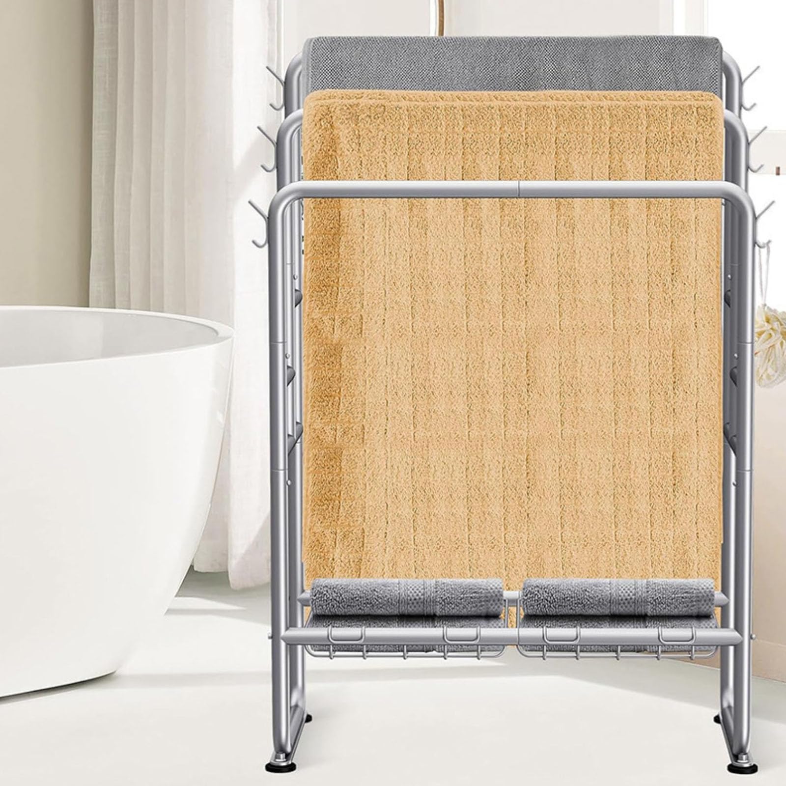 Racks de serviettes debout triple barre avec panier de stockage intégré coloris gris