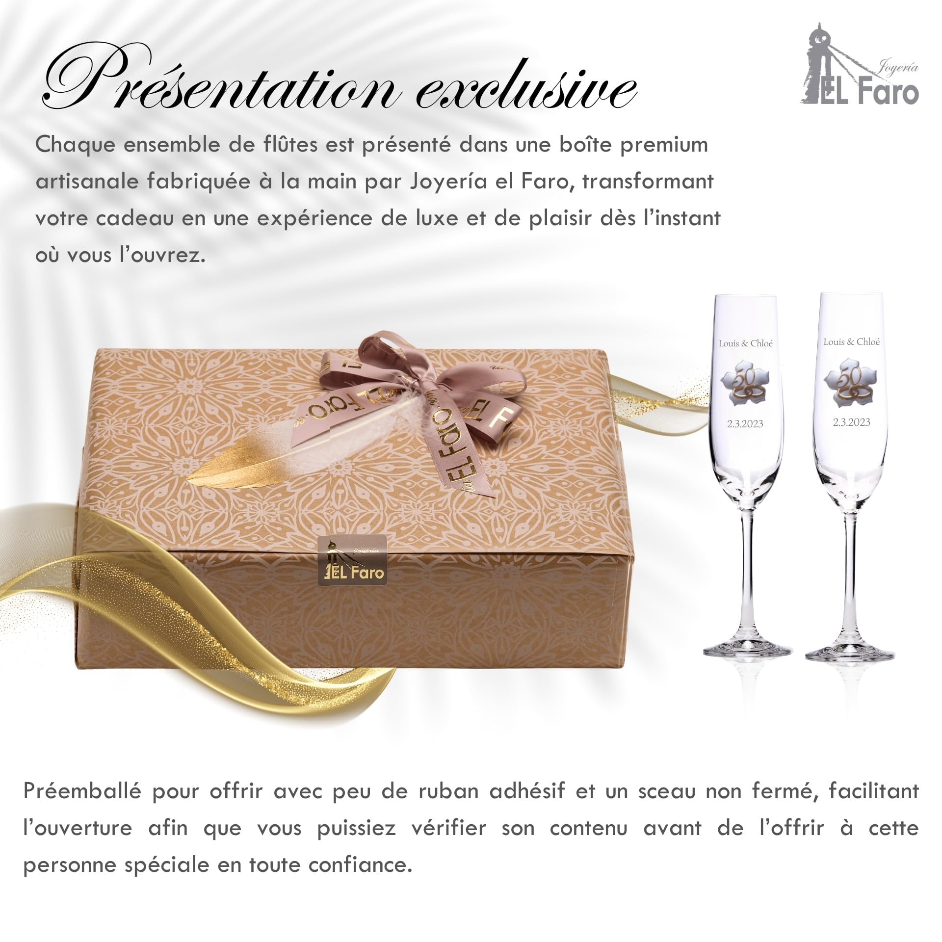 JOYERÍA EL FARO Flûtes 50e anniversaire de mariage personnalisées | Cristal de Bohême haute résistance, Coffret premium inclus