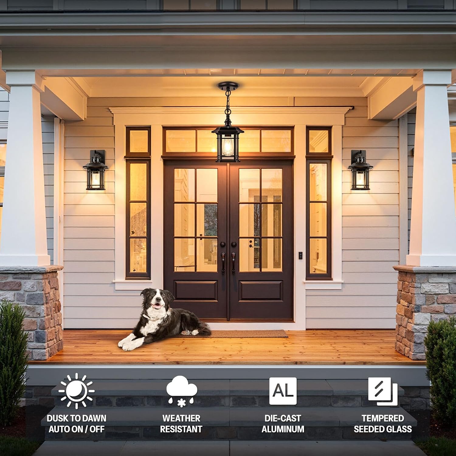 Gleamz Dusk to Dawn Hanging Exterior Light, Oil Rubbed Bronze Outdoor Pendant Light, 100% Aluminum Hanging Porch Light Fixture, Outdoor Ceiling Sconce for Porch, Entryway, Backyard, Patio, 1 Pack