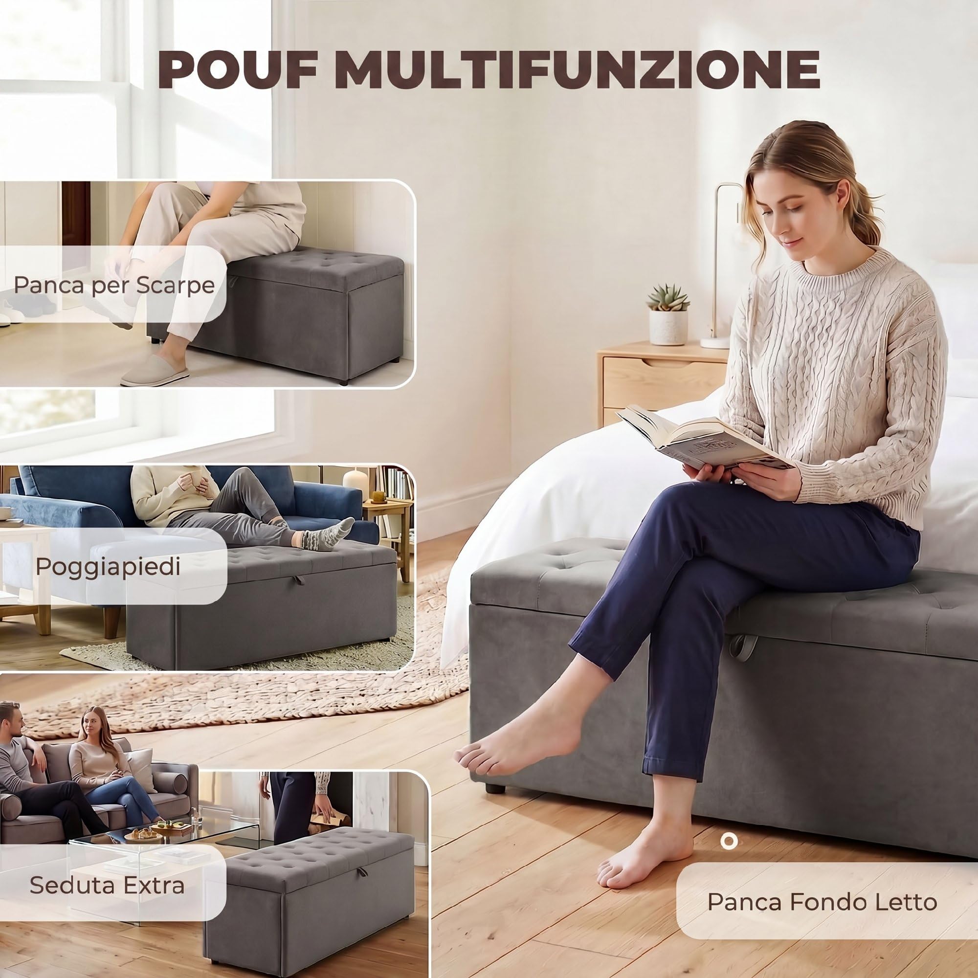 HOMCOM Cassapanca 140L Pouf Contenitore Poggiapiedi 137x41x42 cm, Seduta Ampia Imbottita, Panca Contenitore in Velluto, Capacità 240kg, Camera da Letto, Soggiorno, Ingresso, Grigio