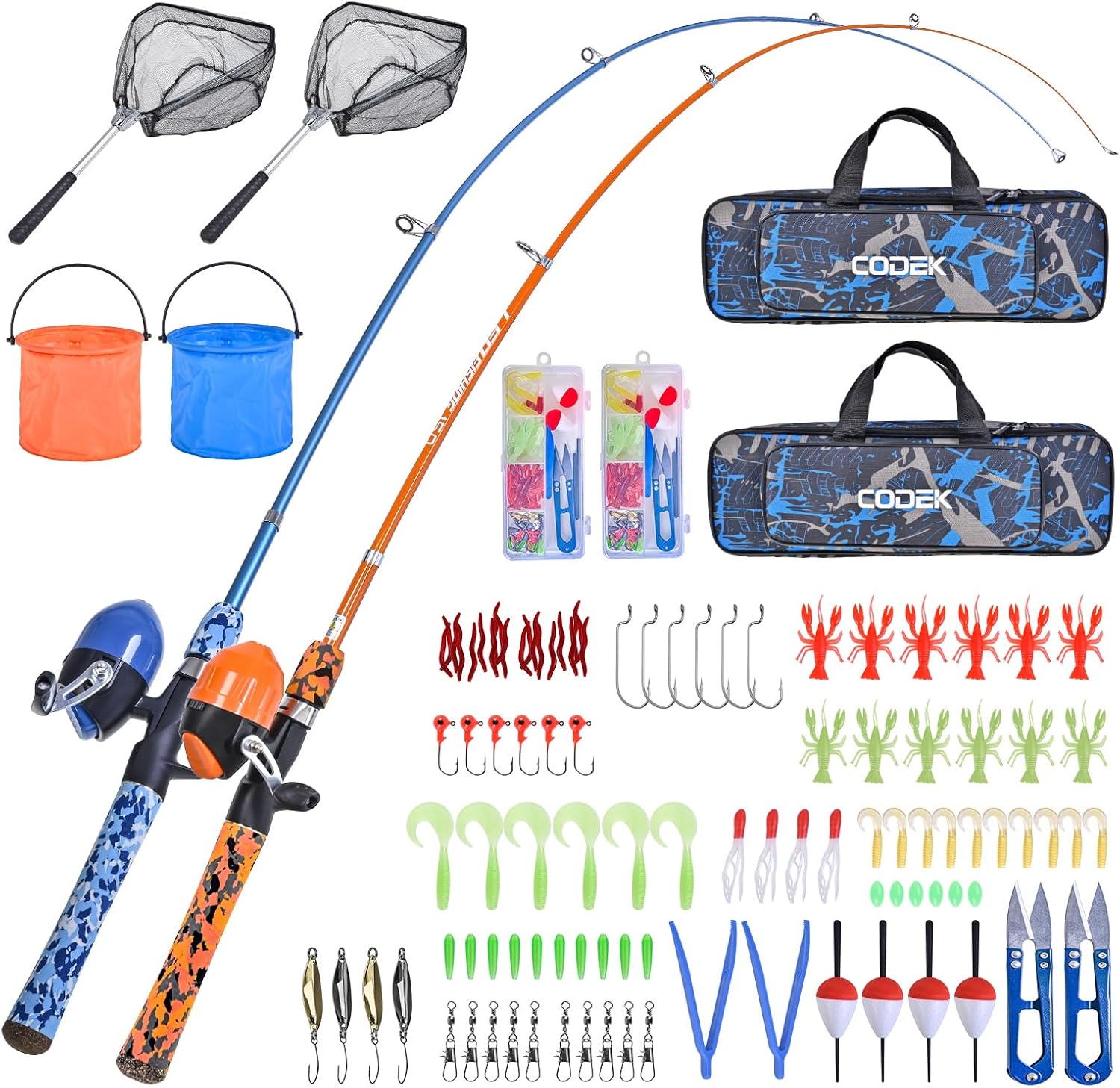CODEK Kids Fishing Pole Set with Full Starter Kits 2 Set Portable Telescopic Fishing Rod and Reel Cambos for Boys Girls Toddler Youth Age Beginner Little Children Junior Anglers