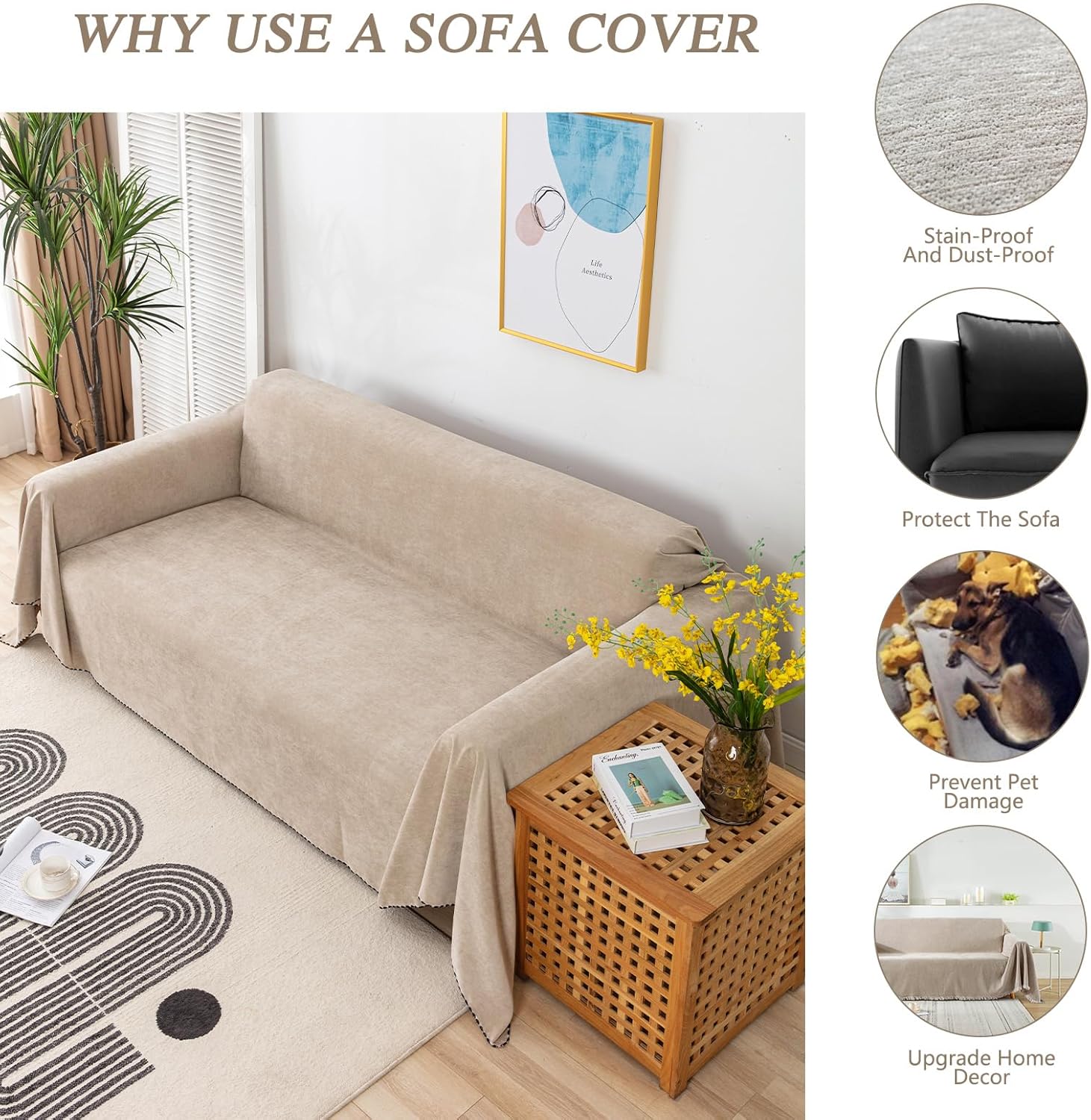 Lucky Monet Waterproof Couch Sofa Cover Washable Sectional Couch Covers Protectors for Pets Dogs Water Resistant Sofa Slipcovers Couch Futon Blanket for Loveseat L Shaped Sofa, 71" x 134", Khaki