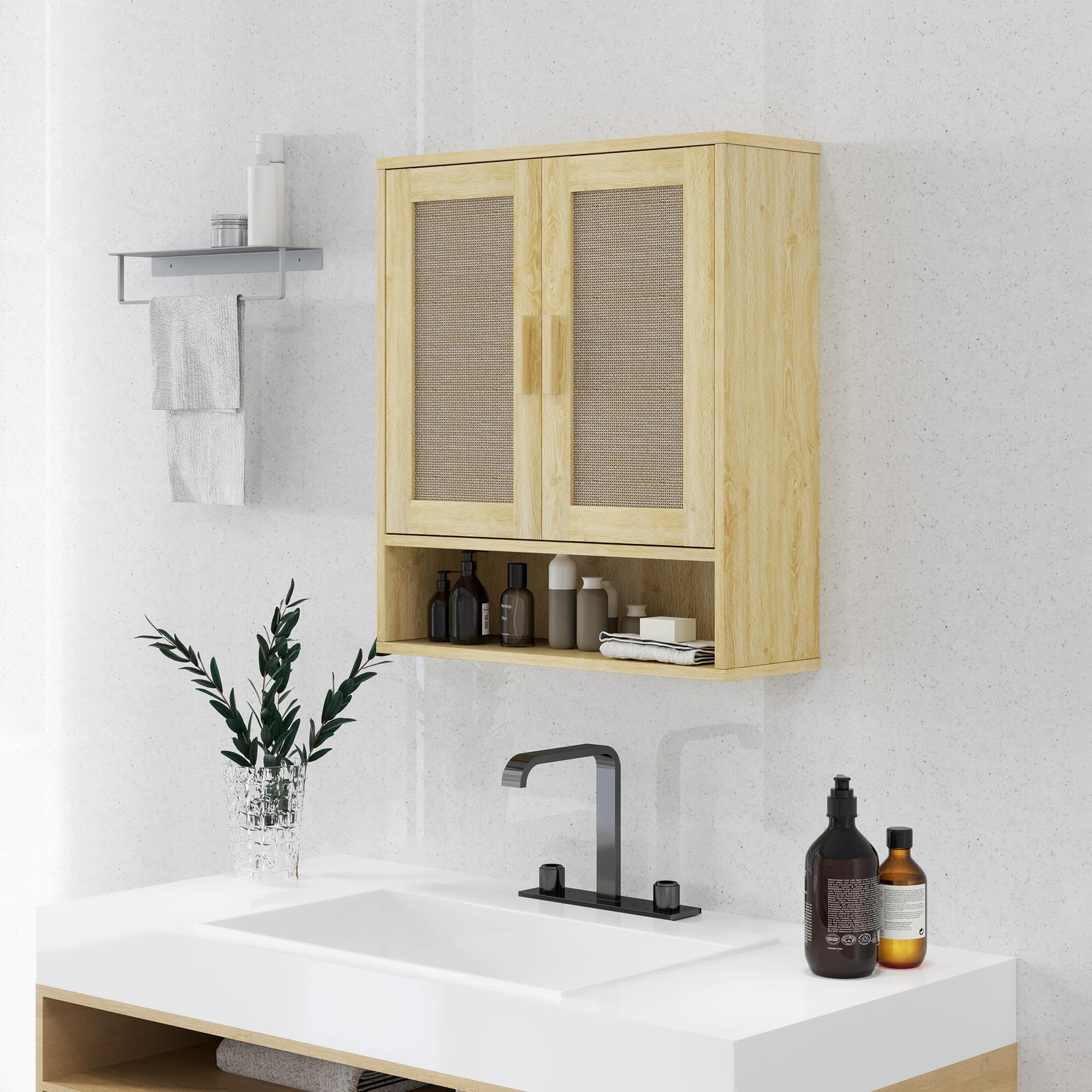 HOMCOM Meuble Mural Salle de Bain 59 x 20 x 66,5 cm Effet Bois de Chêne | Meuble WC Suspendu, Étagère Réglable, Double Porte, Étagère Ouverte