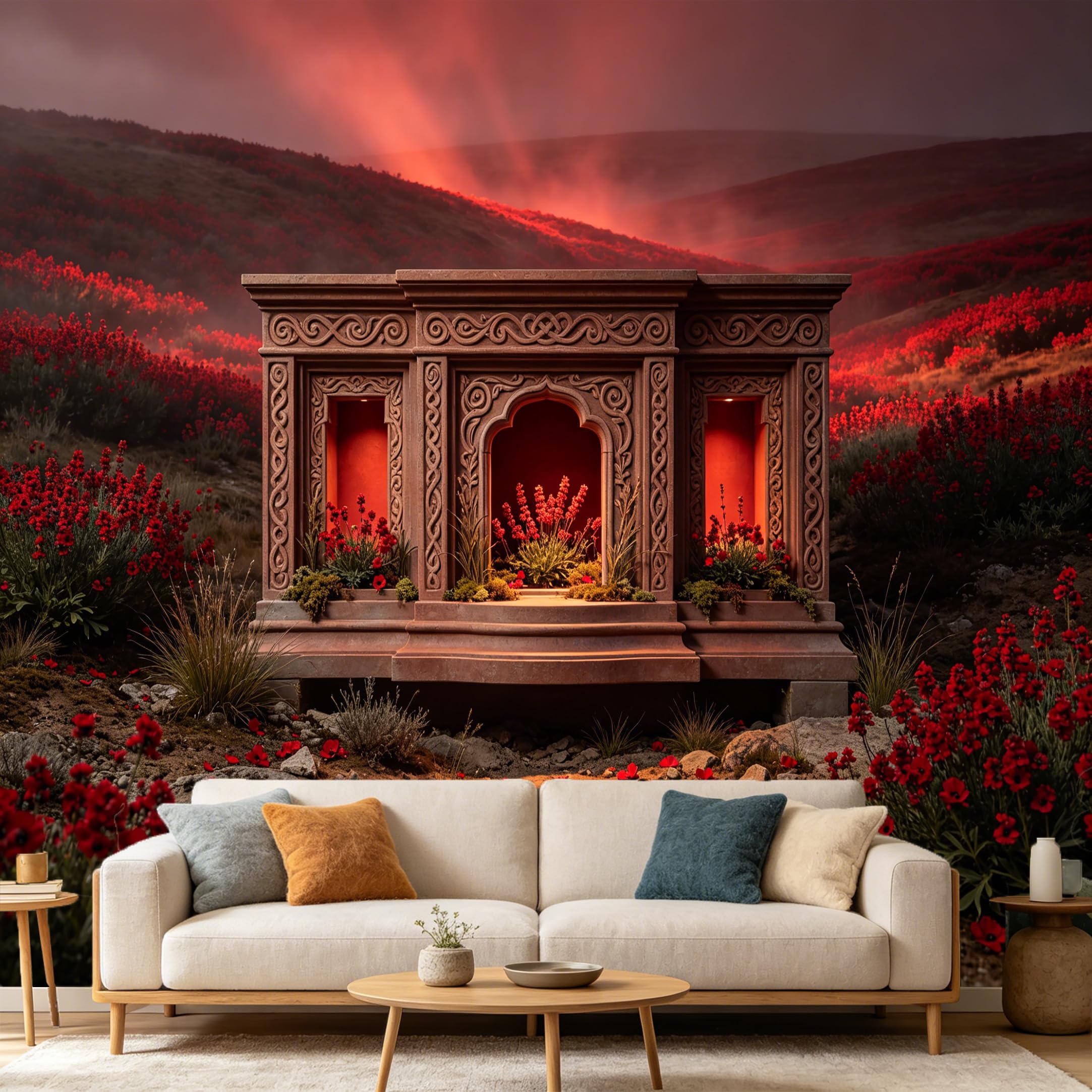 Custom Size Wall Mural， Red Floral Stone Temple Landscape， SelfAdhesive Art Prints wall Fabric Removable Large Wallpaper Home Living Room Decor， 3D Architectural Scene