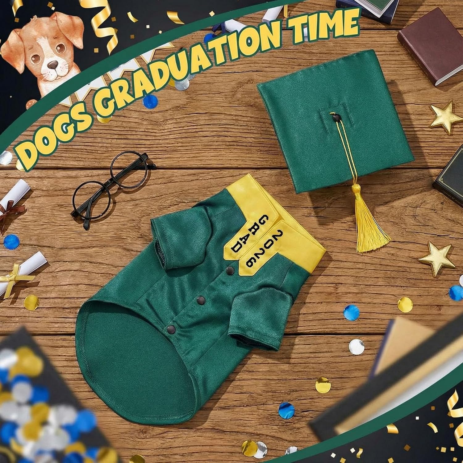 Huhumy 5 Pcs Dog Graduation Costume Set Include 2026 Pet Graduation Gown with Stole Puppy Grad Cap Lensless Glasses DIY Letter Stickers for Dogs Cats Holiday Costume Accessory(Green Yellow,XL)