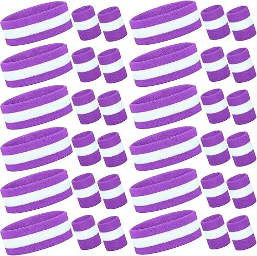Eurzom El juego de 36 bandas para el sudor a rayas a granel incluye 12 diademas a rayas que absorben el sudor y 24 pulseras de algodón para el sudor