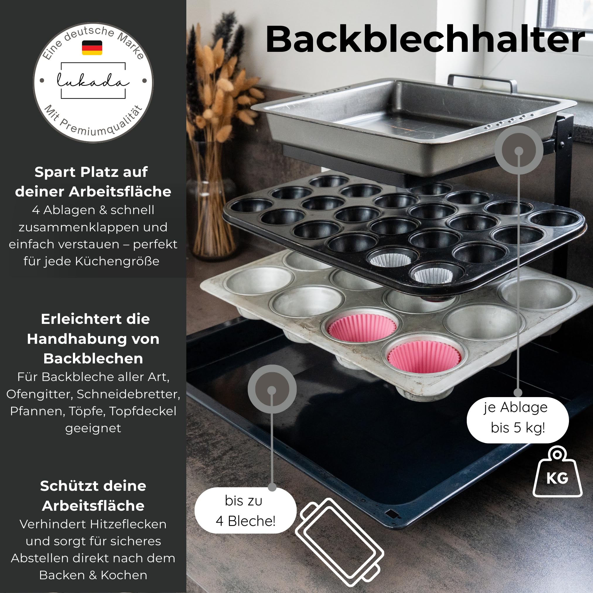 LUKADA Uchwyt na blachę do pieczenia, wielofunkcyjny organizer kuchenny na 4 blachy do pieczenia, uchwyt na blachy do pieczenia, garnki, patelnie, blachy do pizzy, deski do krojenia, zajmuje mało