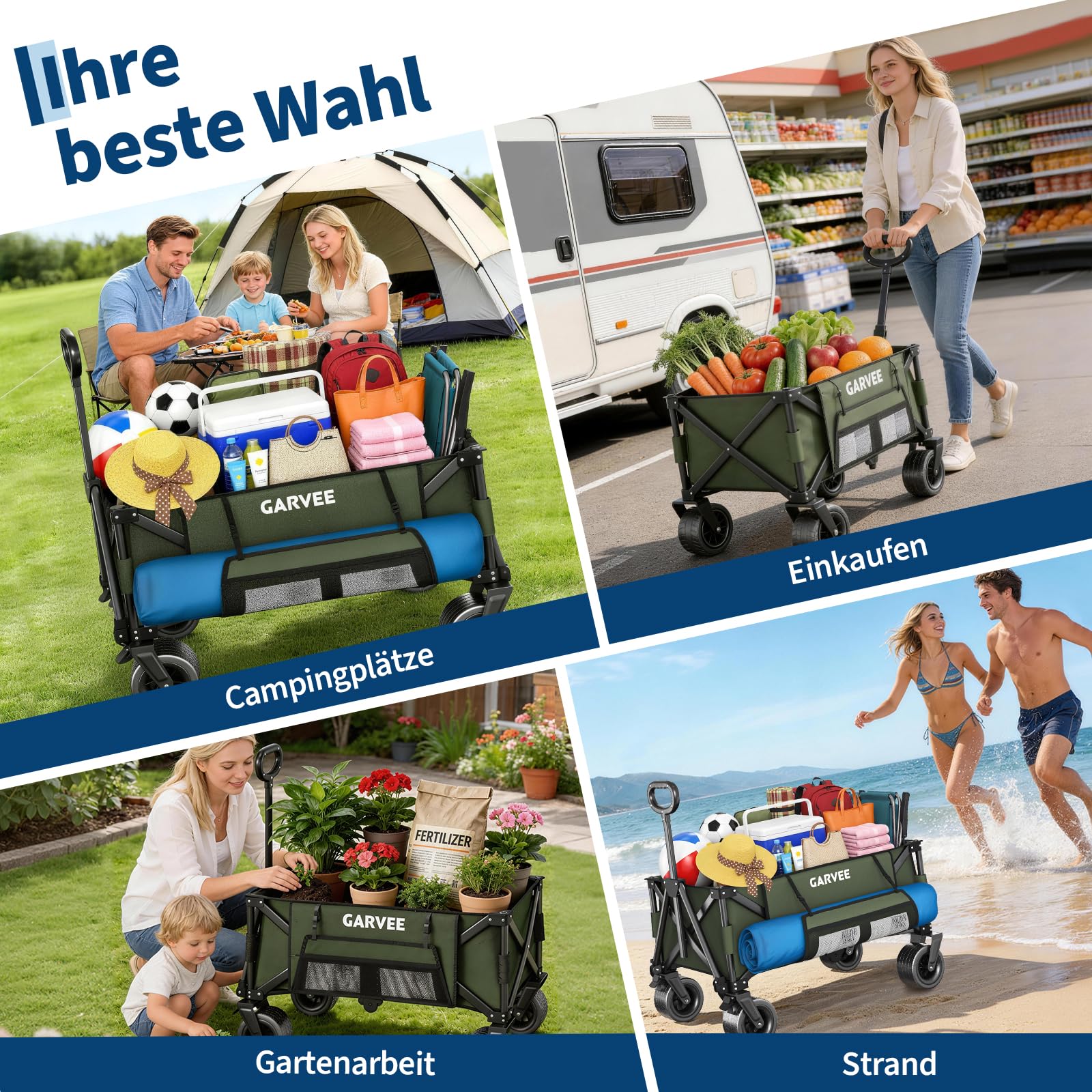 Bollerwagen Faltbar Mit 200kg Belastbarkeit & 200L Volumen, Klappbarer Transportwagen Mit Bremsen & 20cm Offroad-Rädern, Handwagen Mit Seitentaschen Für Strand, Camping, Garten, Einkäufe