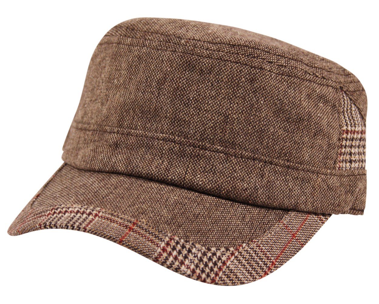 Itzu Men's Tweed Check Brown Army Military Cap Country Houndstooth Tweed Tartan Check Peak Cadet Wool Mix Brown