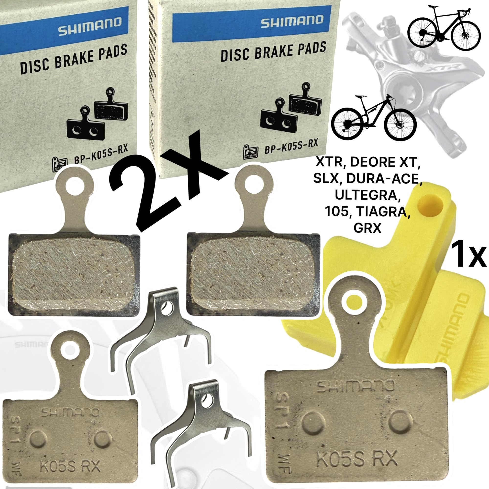 F26 Original BP-K05S-RX Resin Kompatibel mit Shimano (K03S) Scheibenbremsen | Bremsbeläge Fahrrad MTB Ebike XT SLX XTR Road Gravel 105 Ultegra Dura Ace GRX Disc Scheibenbremsbeläge 2 Paar + Bleedblock