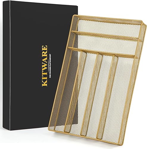 Miniatura 7 de Kitware Organizador de cajones de cubiertos, utensilios de cocina de oro de malla de metal, sala de estar dormitorio belleza artículos divisores