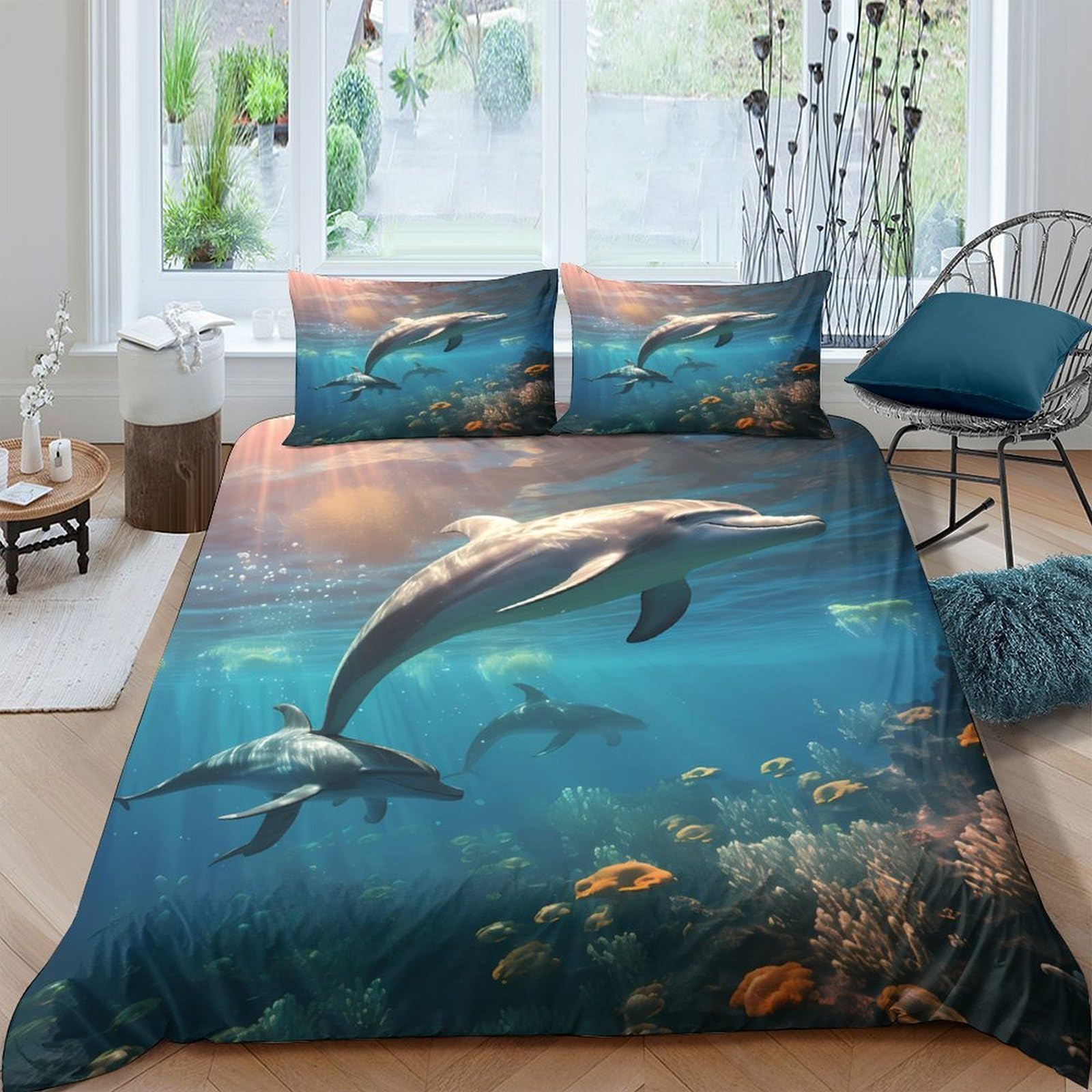 GPLZQXKJNH 3D Printed Ocean Dolphin Duvet Cover Microfiber Soft Breathable Underwater World Bedding Set with 2 Pillowcases for Bedroom Decor, Single（135x200cm）