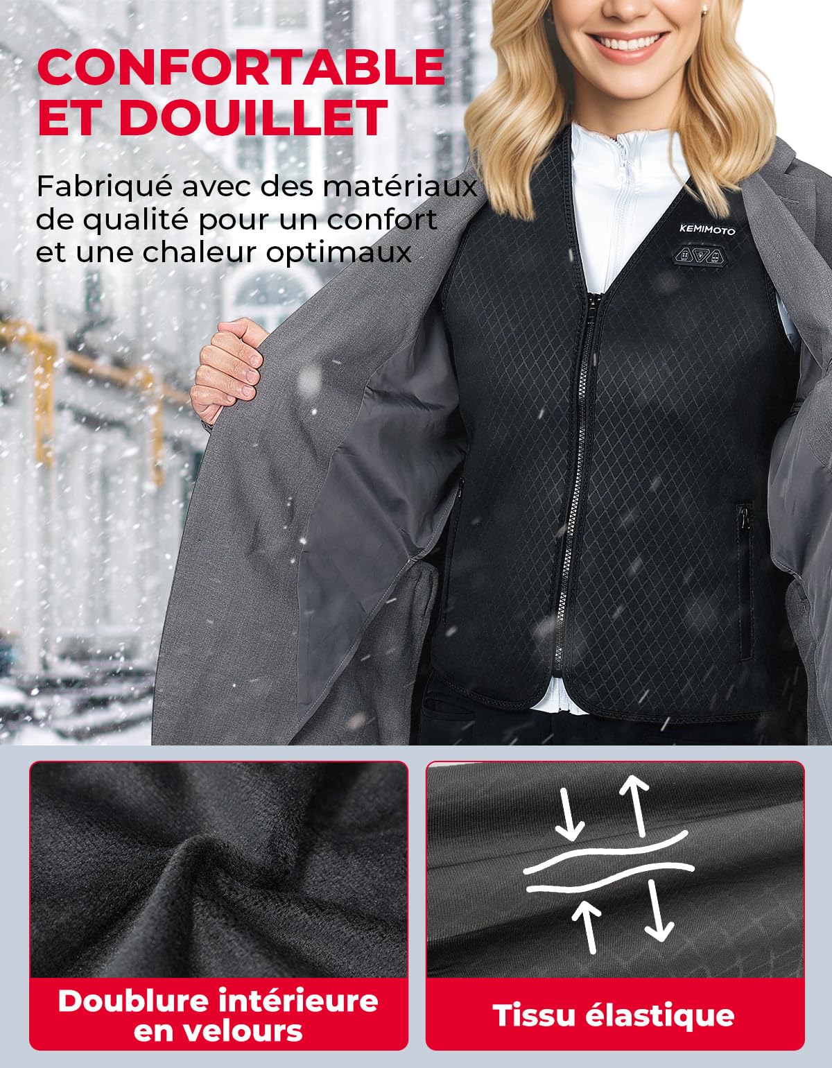 KEMIMOTO Gilet Chauffant Femme, 6 Zones de Chauffage, 3 Niveaux de Chauffage, Idéal pour le Camping, Ski, Pêche