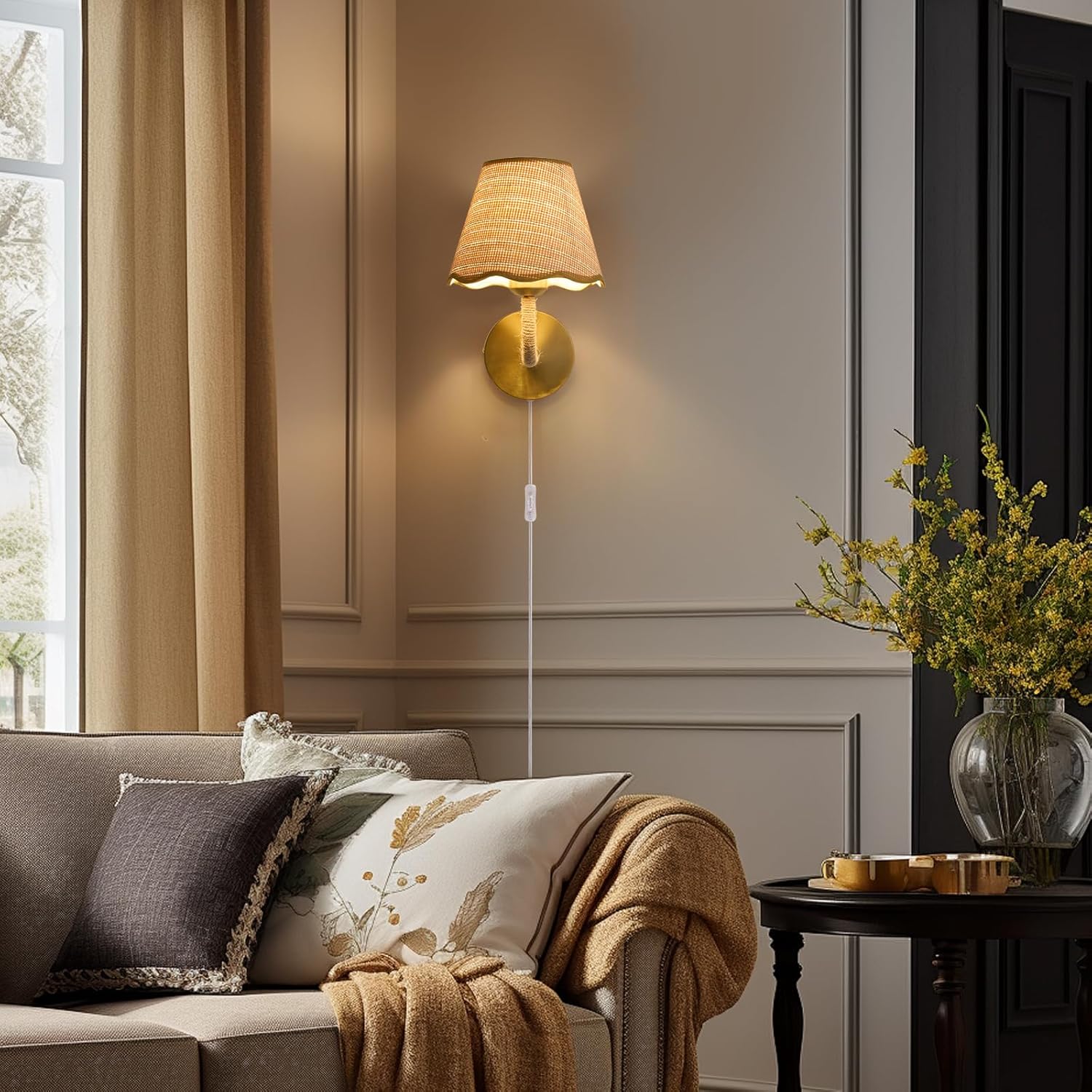 Set of Two Plug in Wall Sconce with 70.8inch Cord and Switch, Hand Woven Ratten Wall Sconces with Grass-Woven Lampshade for Bedroom Living Room Hallway Porch, E26 Base