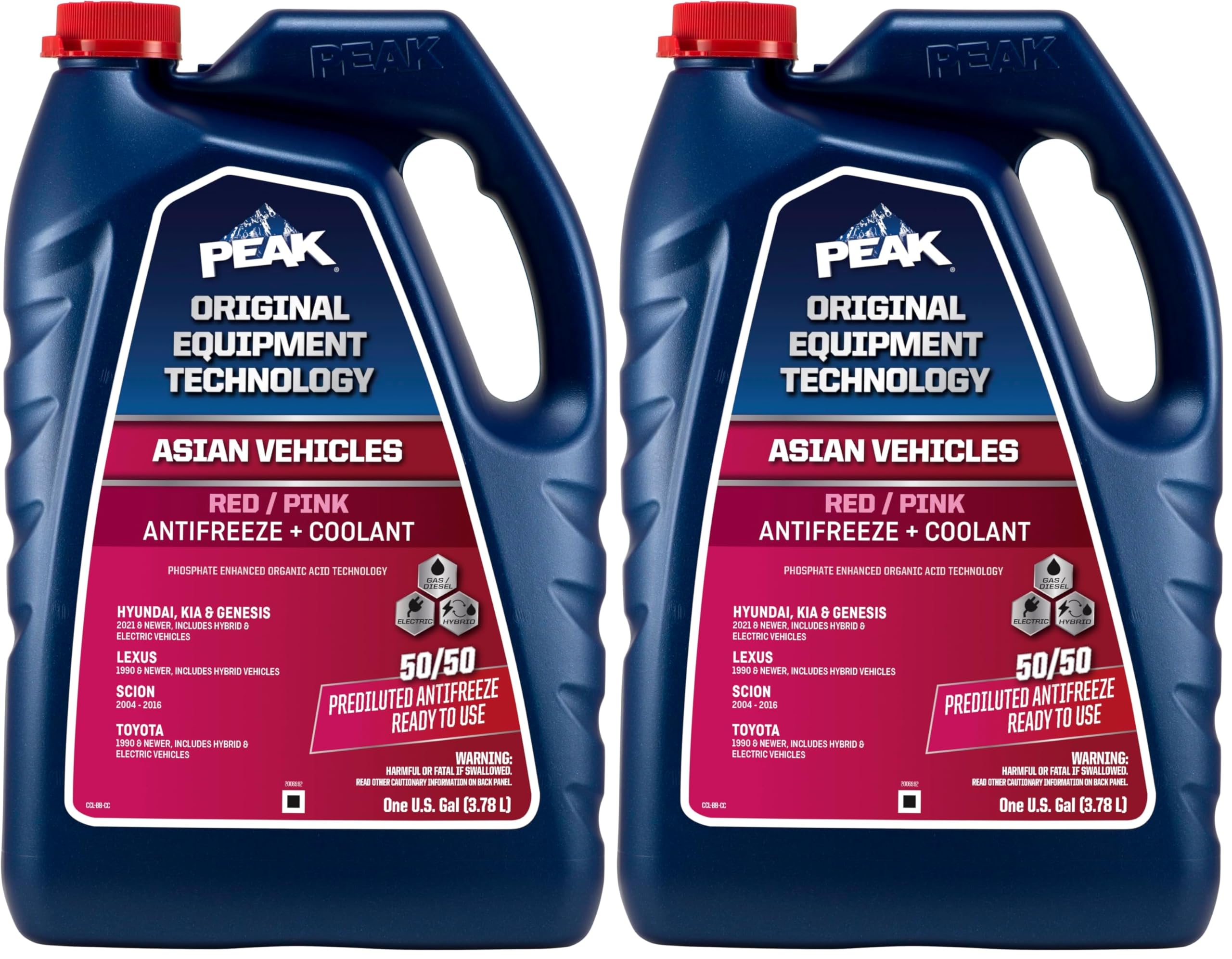 PEAK OET Extended Life Red/Pink 50/50 Prediluted Antifreeze/Coolant for Asian Vehicles, 1 Gal. (Pack of 2)