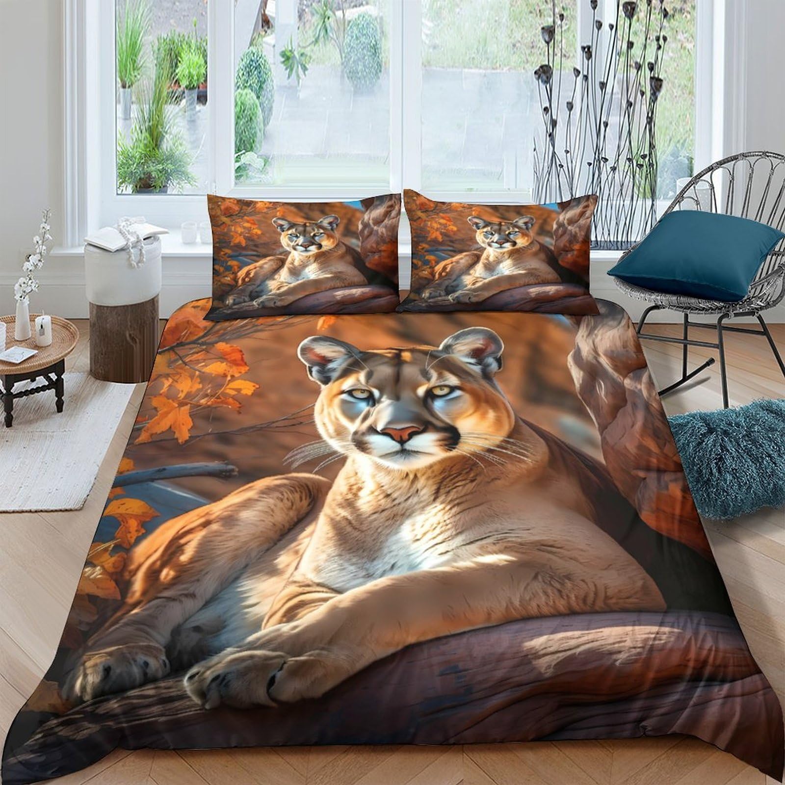 Ctjqhvkz Style-7 3D Printed Wild Cougar Fitted Sheet Microfiber Soft Brown Autumn Forest Mattress Cover For Bedroom Decor Single（135X200cm）