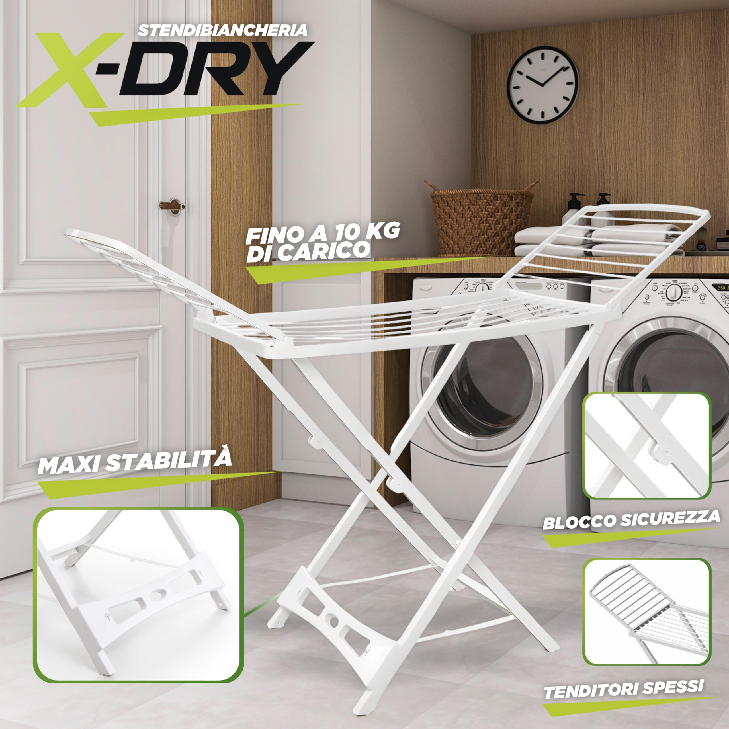 X-DRY Stendibiancheria da Pavimento, Stendino a Cavalletto, da Esterno e Interno, Richiudibile, Spazio di Stenditura 20 mt, in Resina 100%, 173 x 55 x 130h cm, Made in Italy.