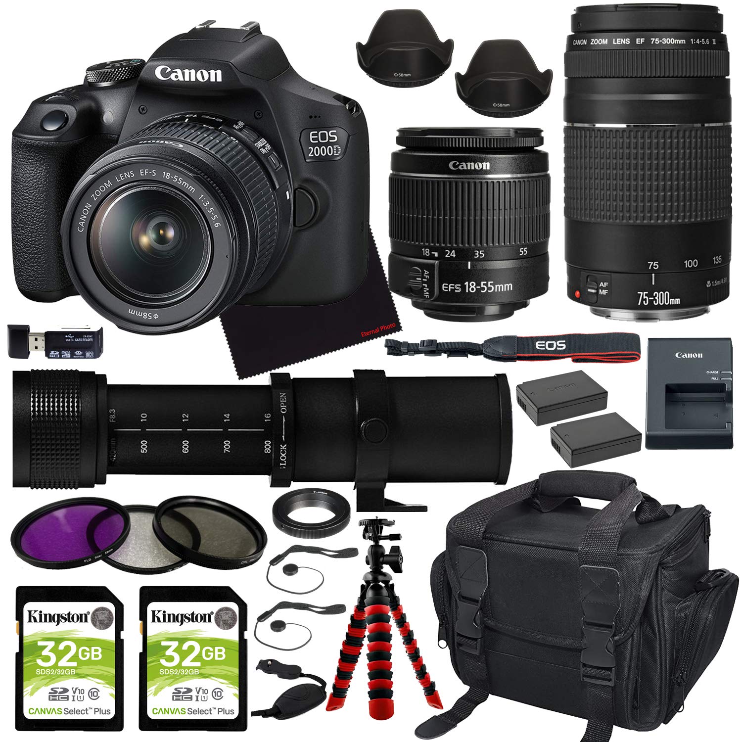 Canon EOS 2000D (Rebel T7) DSLR Camera with 18-55mm Lens, Canon 75-300mm Lens + 420-800mm Zoom Telep