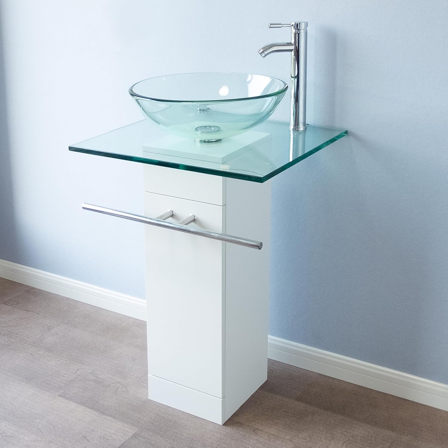 23" Modern Glass Pedestal Sink Stylish Glass Countertop Bathroom Vanity Combo with Glass Vessel Sink, Wood Pedestal, Faucet and Drain Include (Glass Sink, White)