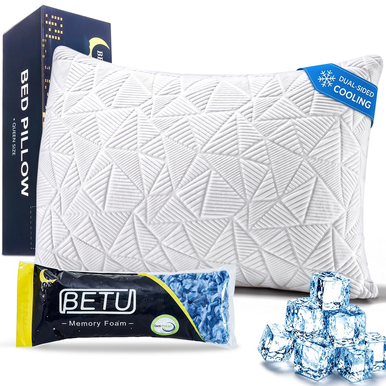 BETU Enhanced Cooling Pillow Queen Size, Shredded Memory Foam Cool Pillow for Hot Sleepers, Two Sided Cool Adjustable Firm Soft Support Bed Pillows Perfect for Side, Back, Stomach Sleepers, White