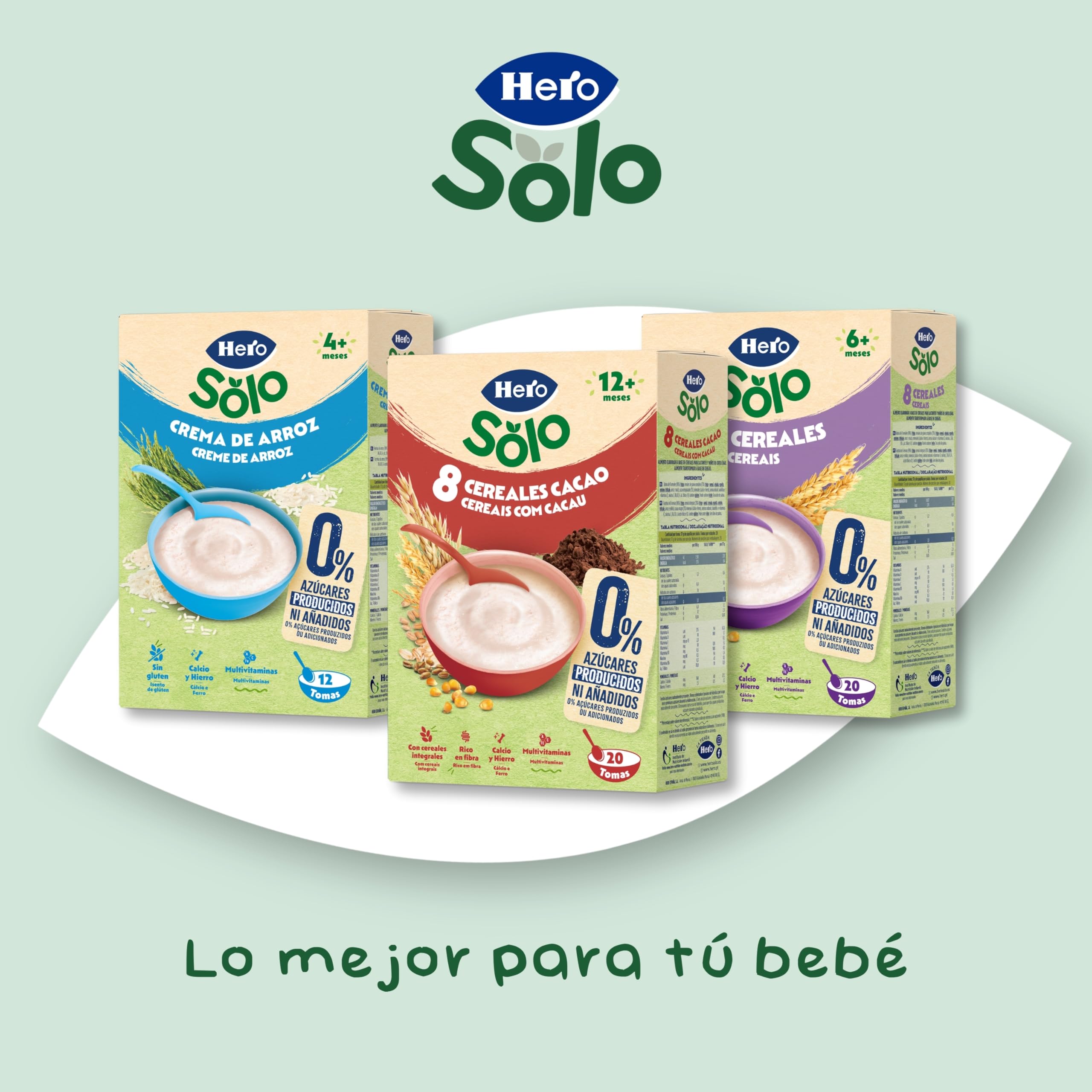 Hero Solo Papilla 8 Cereales con Cacao, Sin Azúcares Añadidos, Rica en Fibra y Vitaminas, Sabor Natural para Bebés, a partir de 12 meses