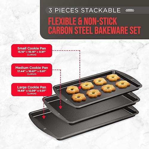 Miniatura 2 de Bakken - Juego de 3 bandejas para galletas suizas, antiadherentes, apilables, revestimiento de cerámica gris de lujo, apto para lavavajillas, para