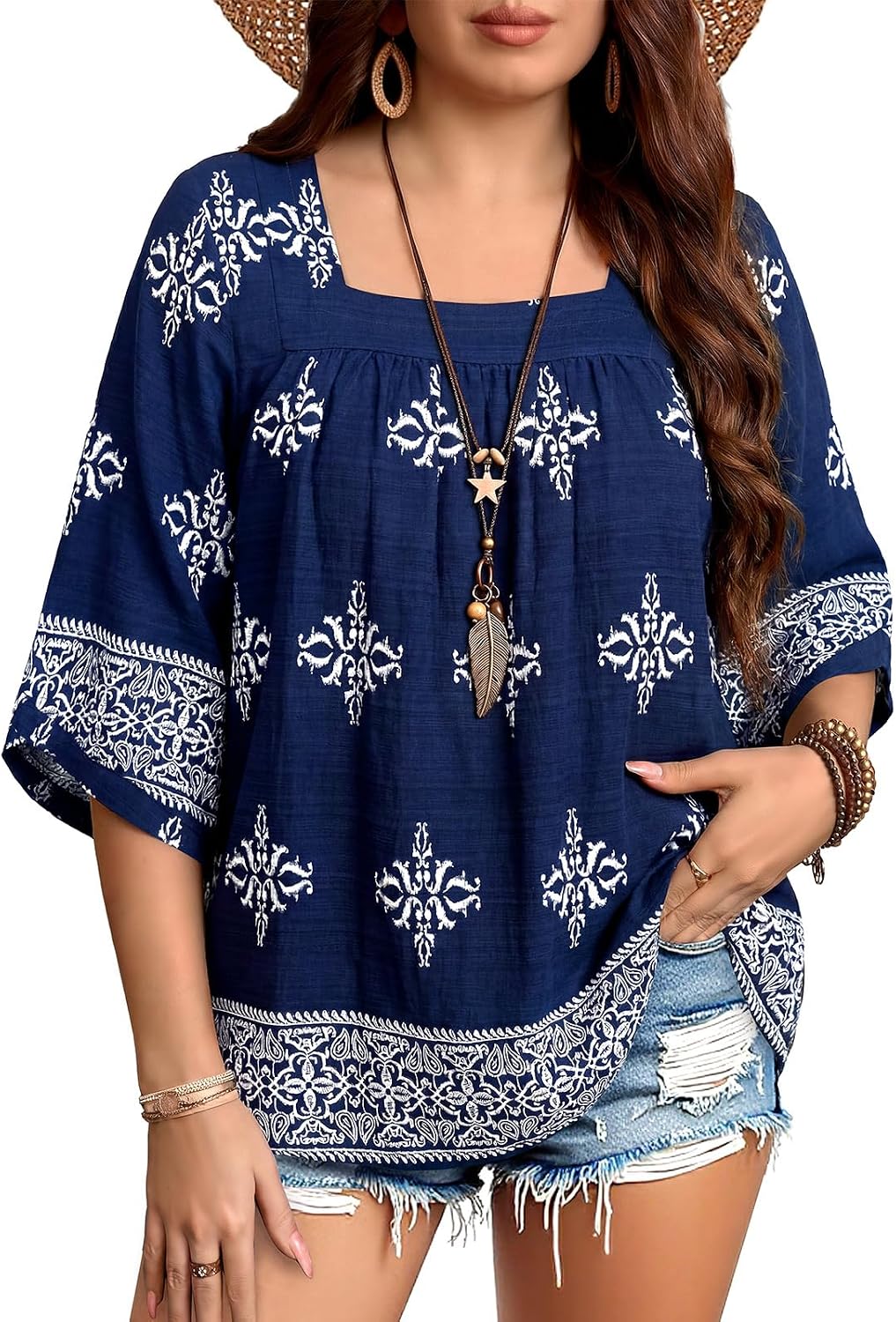 Siddhe Plus Size Boho Tops 3/4 Sleeve Square Neck Chiffon Babydoll Blouses Spring Dressy Casual 2026 Tunic Shirts (XL-5XL)