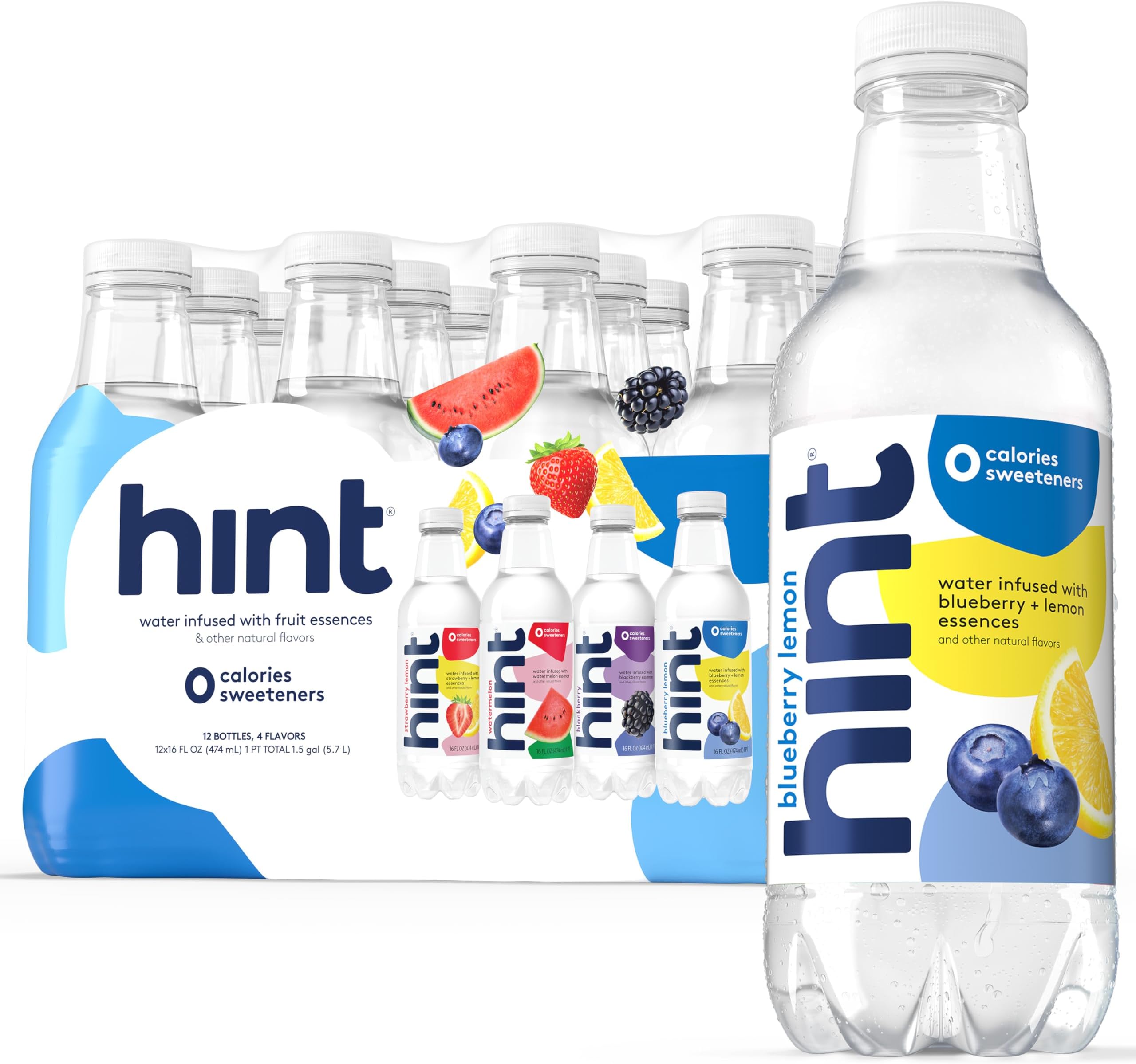Hint Fruit-Infused Bottled Water, 4-Flavor White Variety Pack - Sugar Free Flavored Water with Zero Calories, Naturally Flavored, and No Artificial Sweeteners - 16 Fl Oz (Pack of 12)