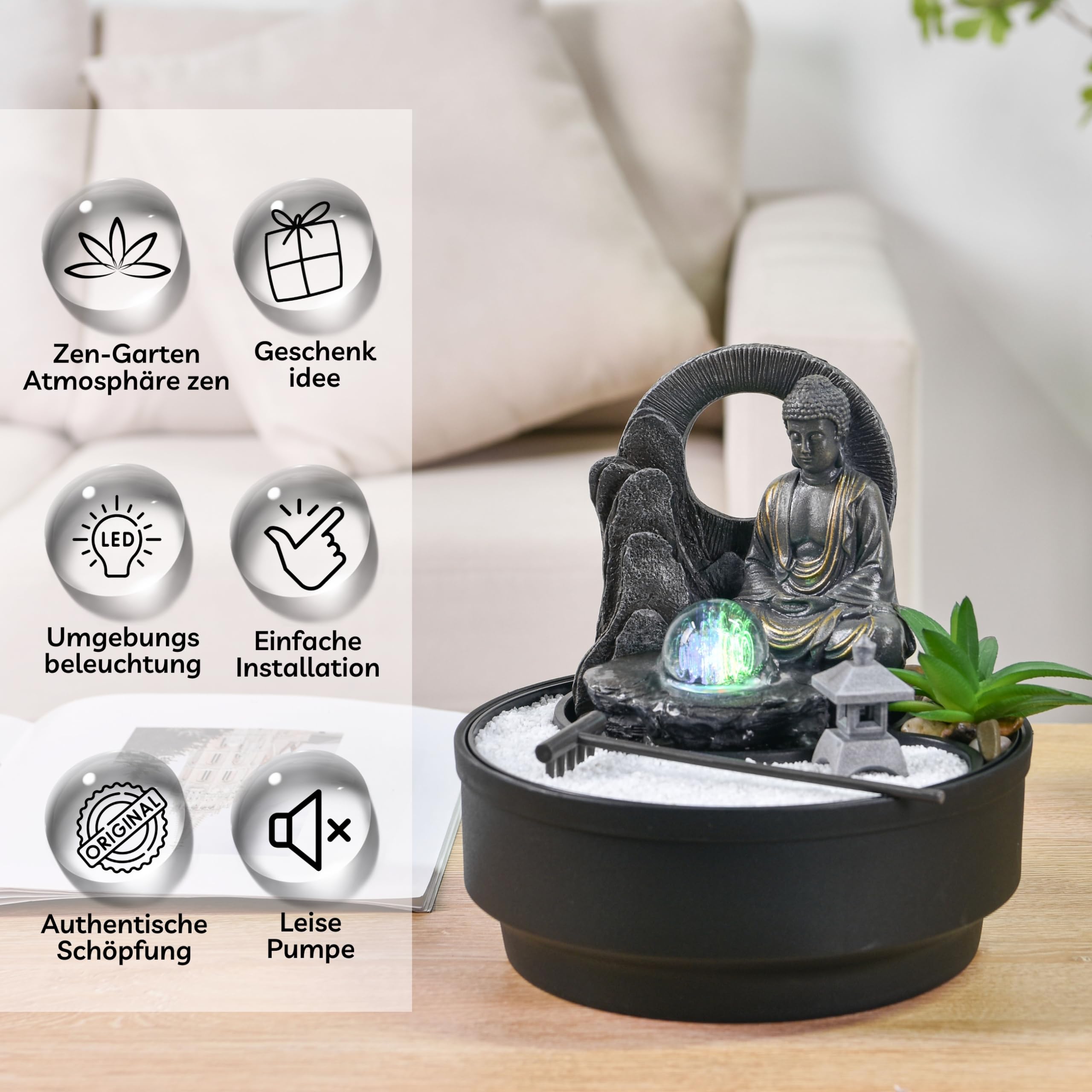 Fontaine d'Intérieur Jardin Zen Sumana Zen’Light Lumière LED Coloré Circuit fermé H21 cm