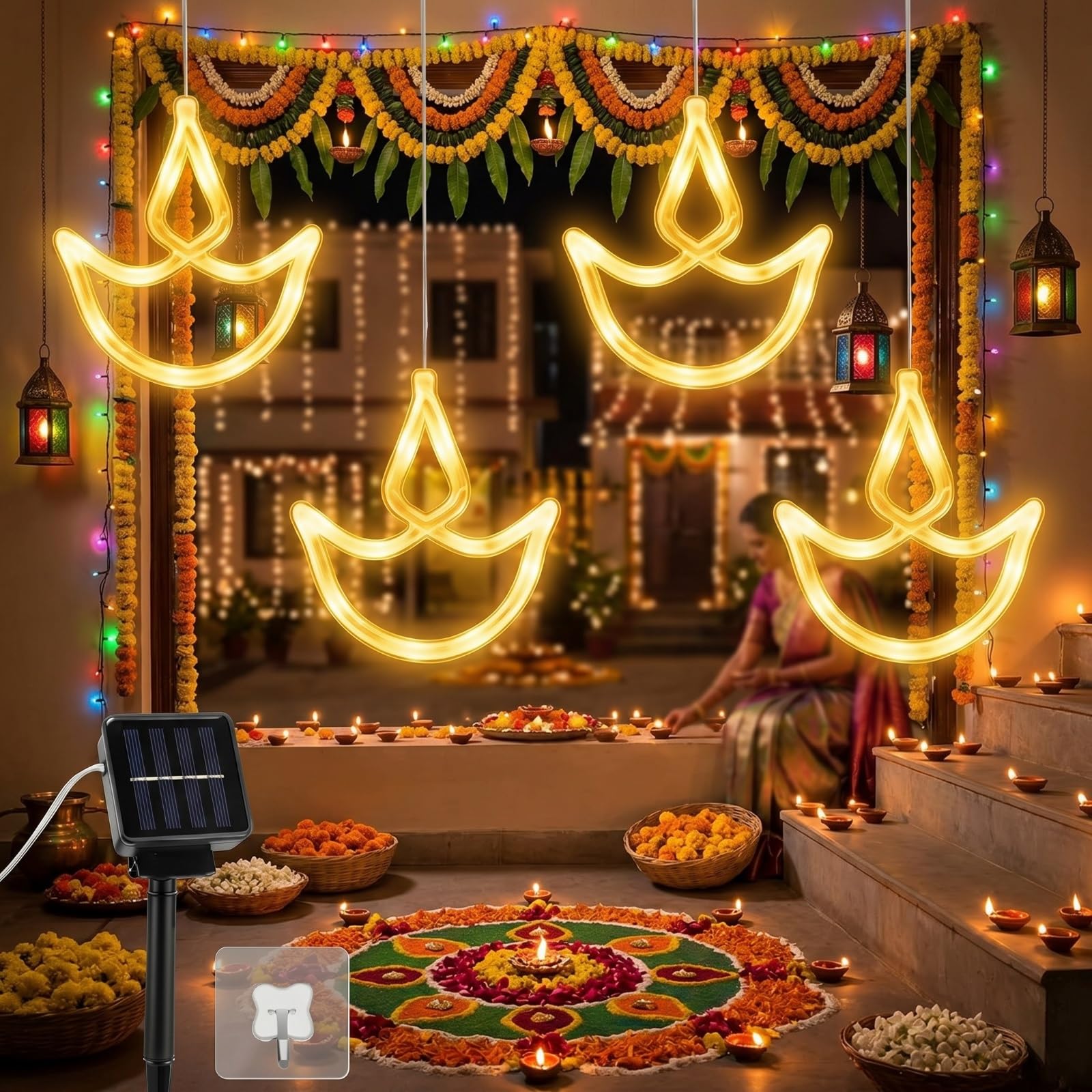 Luces solares Diwali Diya para ventana y decoración colgante exterior de festival indio