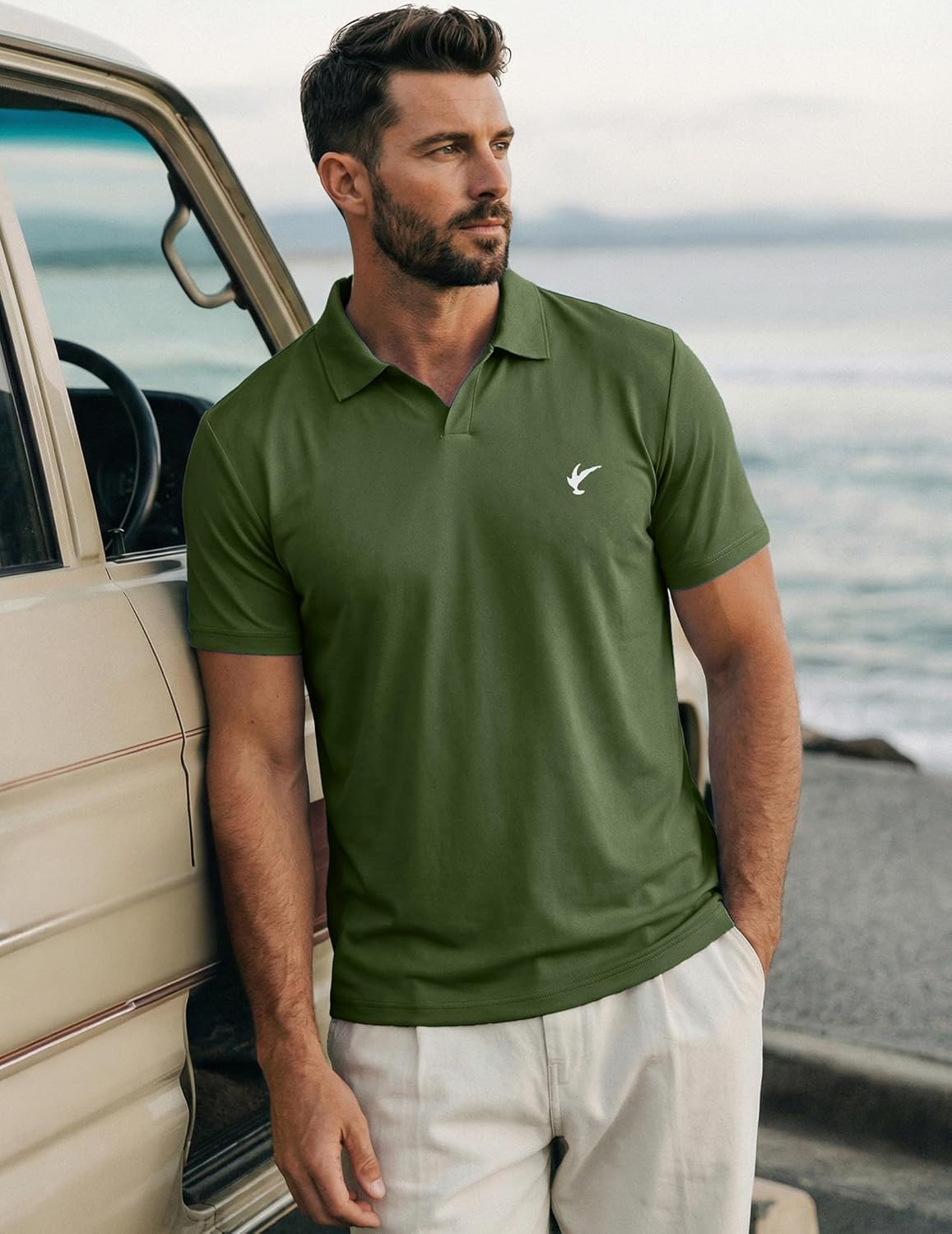 JMIERR Mens Casual Polo Shirt Summer Buttonless Short Sleeve Moisture Wicking Quick Dry Henley Golf Shirts - Image 2