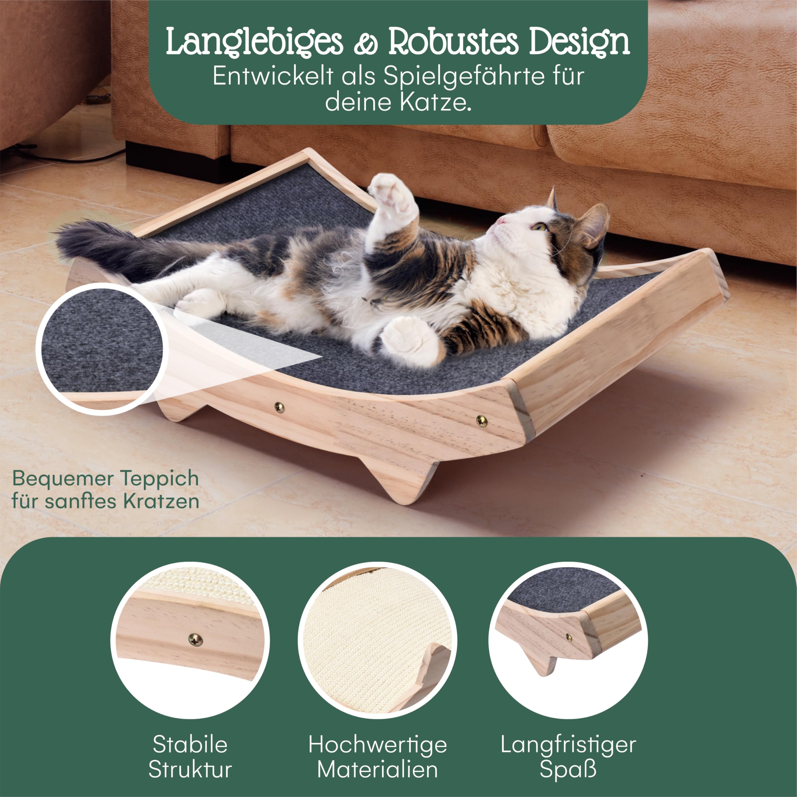 Pfotenolymp Katzenkratzbrett - Doppelseitig Haltbarer Katzen Kratzmatte - Holzstruktur Kratz Pads Katzenliege- Geflochtener Sisal + Teppichstoff Doppelseitige Katzenliege - 42 x 27.5 x 12cm
