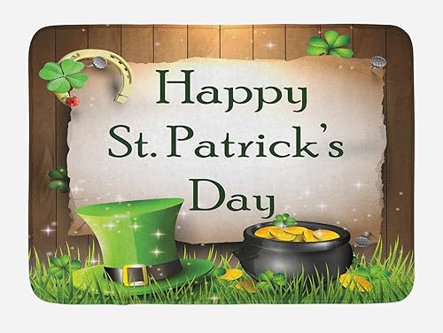 Ambesonne Tapete de baño del día de San Patricio, texto de celebración feliz en tablones de madera dorados y sombrero, tradición irlandesa, tapete