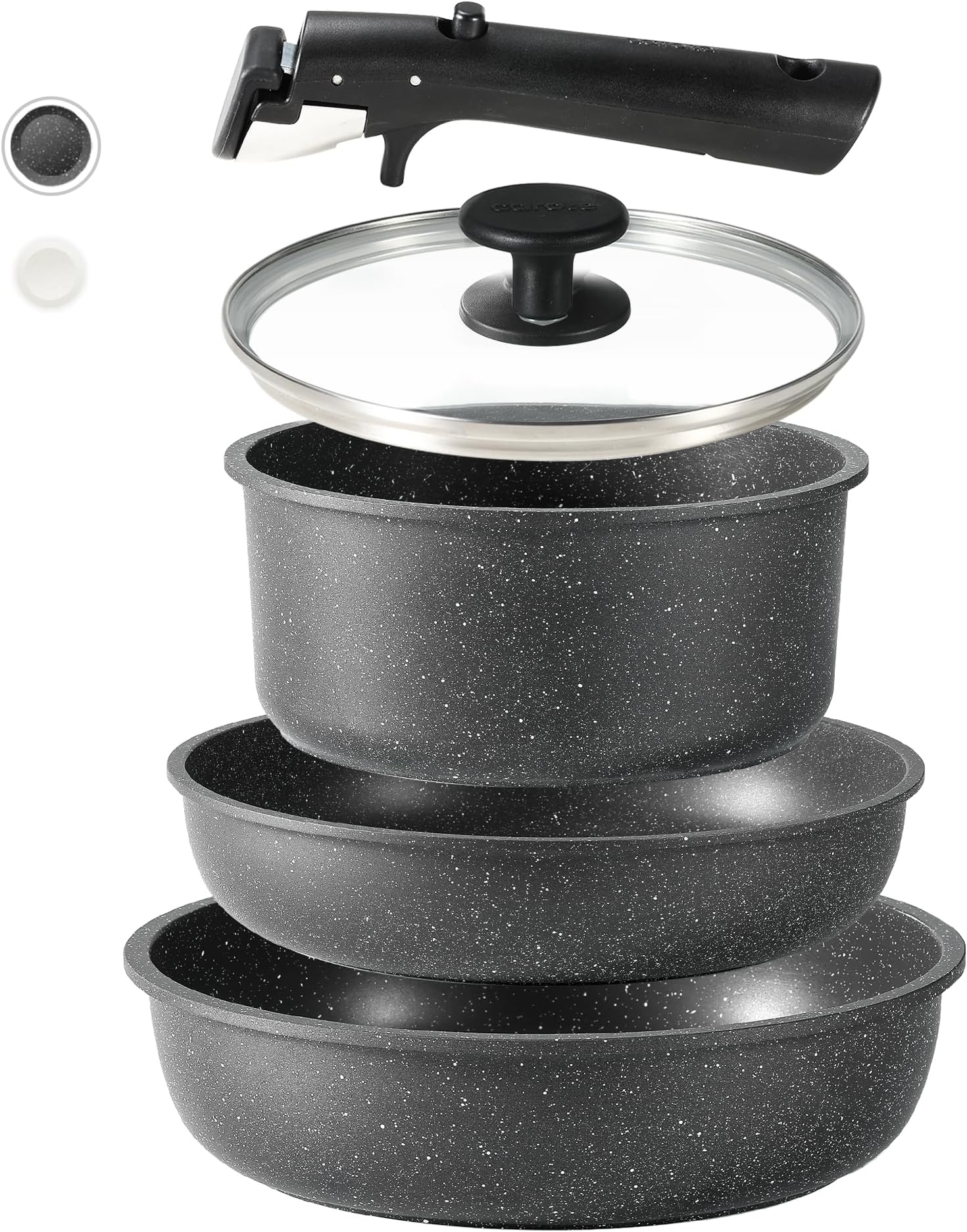 CAROTE Nonstick Cookware Sets, Non Stick Pots and Pans Set Detachable Handle, Kitchen Cookware Sets with Removable Handle, Stackable RV Cookware for Campers, Oven Safe, Midnight Black, 5pcs