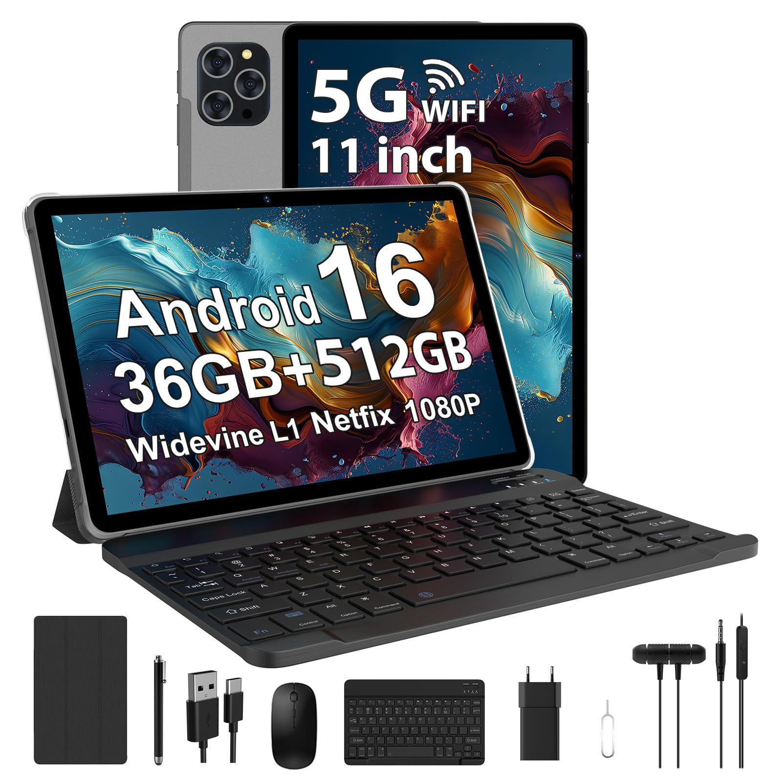 RUSHAR Tablet 11 Pollici Android 16 con 36GB RAM+512GB ROM (2TB TF), 5G/2.4G WiFi, Octa-Core 2.0GHz, 2000 * 1200, Widevine L1, 8000mAh, 13MP+8MP, GPS, Face ID, BT 5.0, Tablet con Tastiera, Grigio