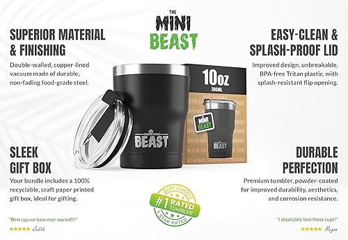 Miniatura 7 de Vaso de acero inoxidable BEAST con aislamiento al vacío de doble pared, para café o bebida fría, termo de viaje, 10 onzas (negro mate)