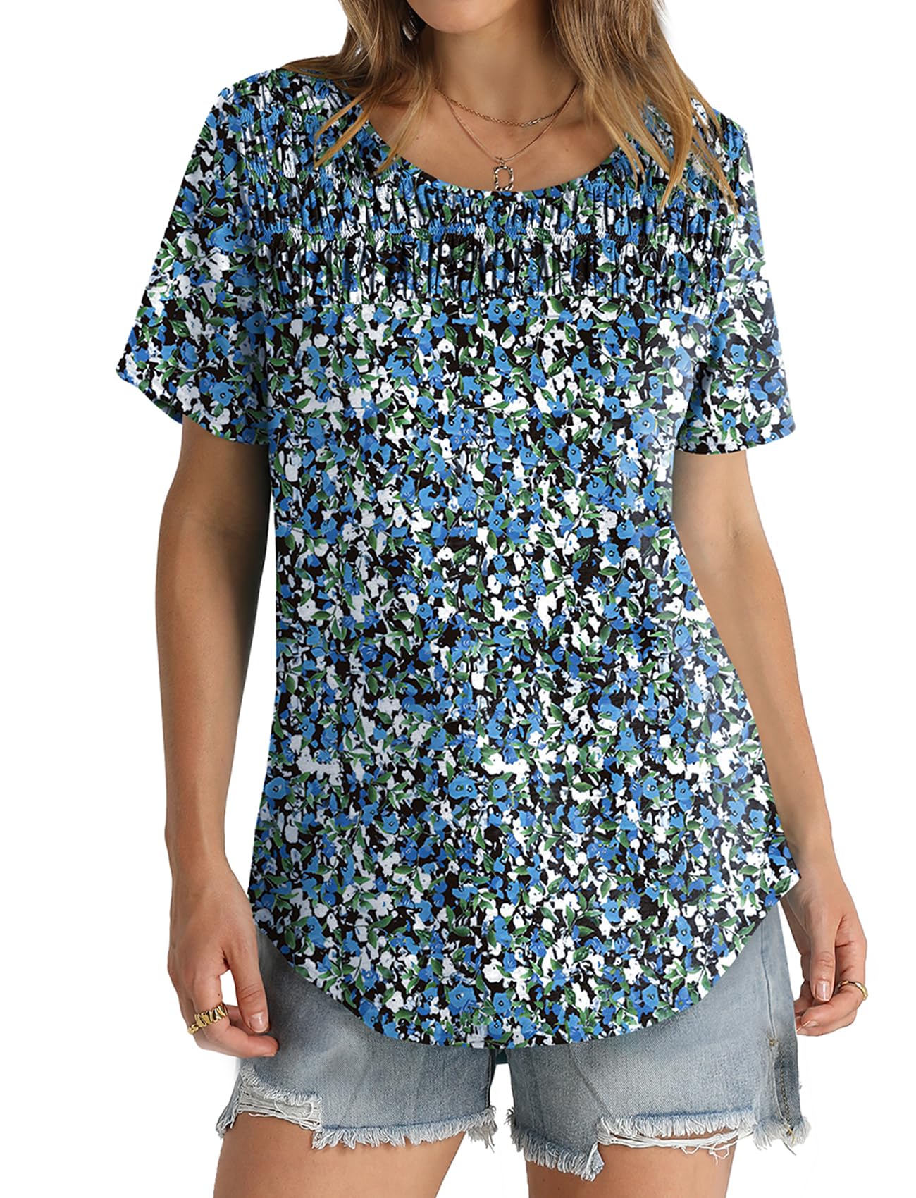 OFEEFAN Top estivi da donna 2025 Magliette a maniche corte alla moda T-shirt girocollo con punto smock