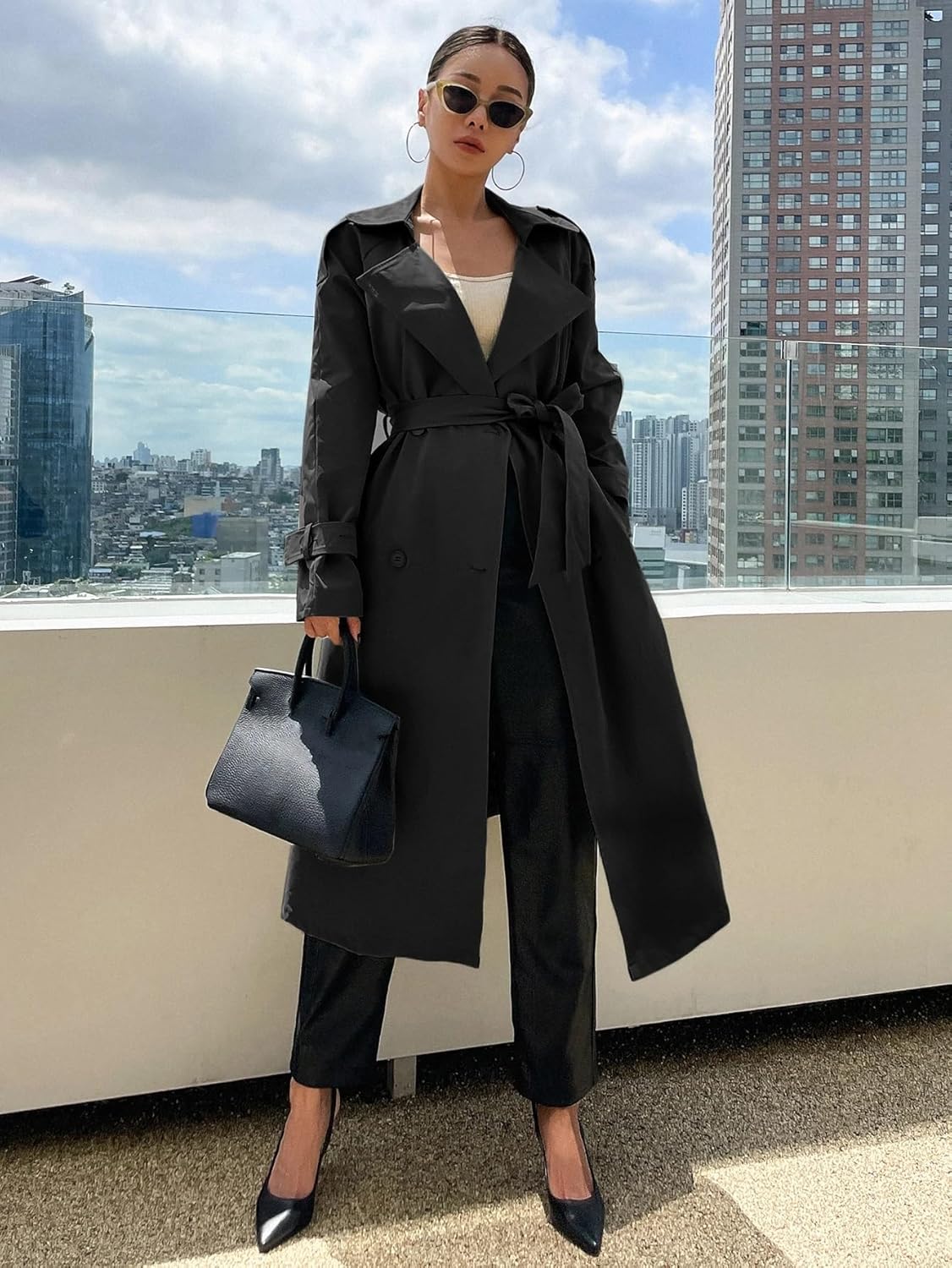 Women's Winter Fashion Long Sleeve Raglan Sleeve Belted Trench Coat Trench Coat